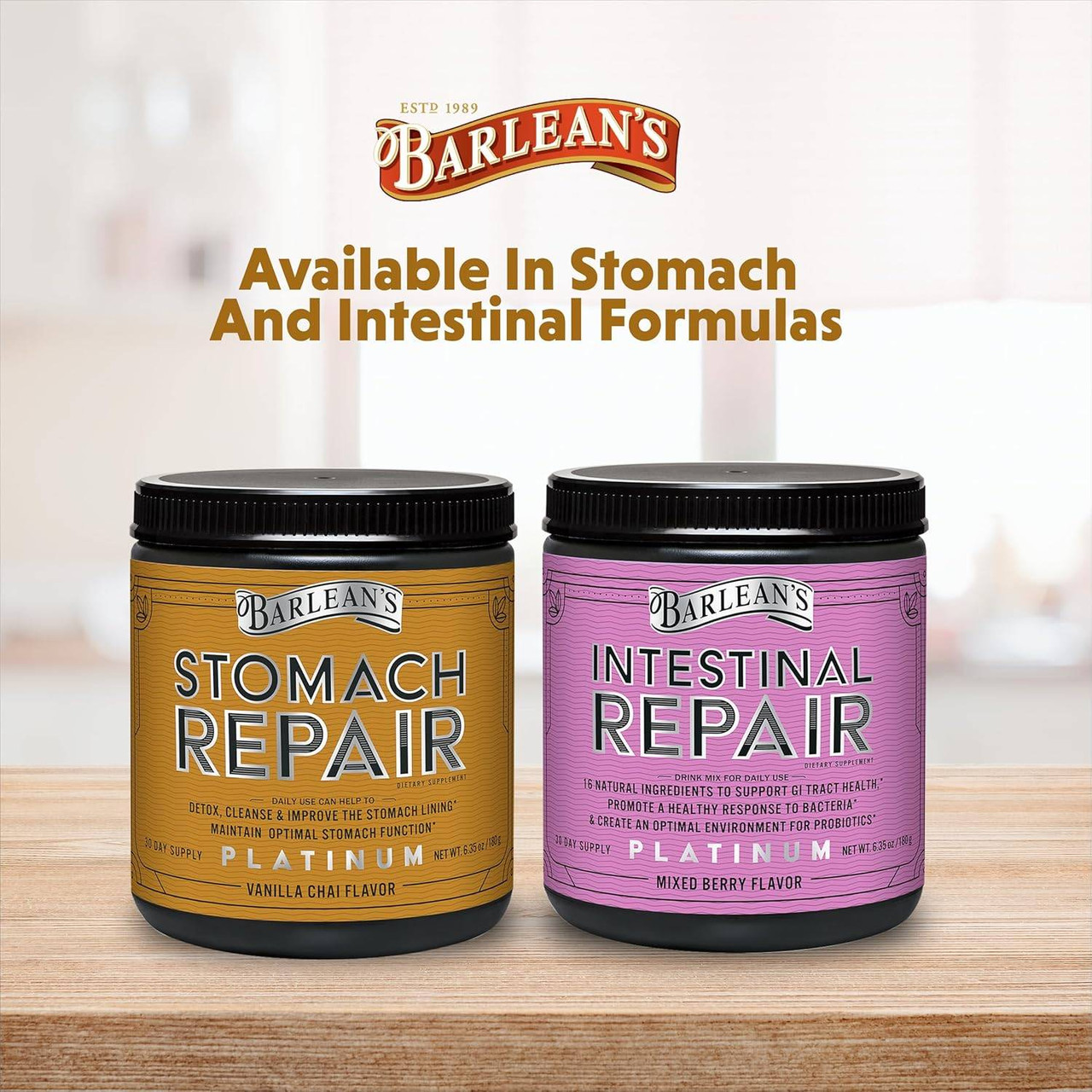 Stomach Repair and Intestinal Repair jars, available in two formulas graphic