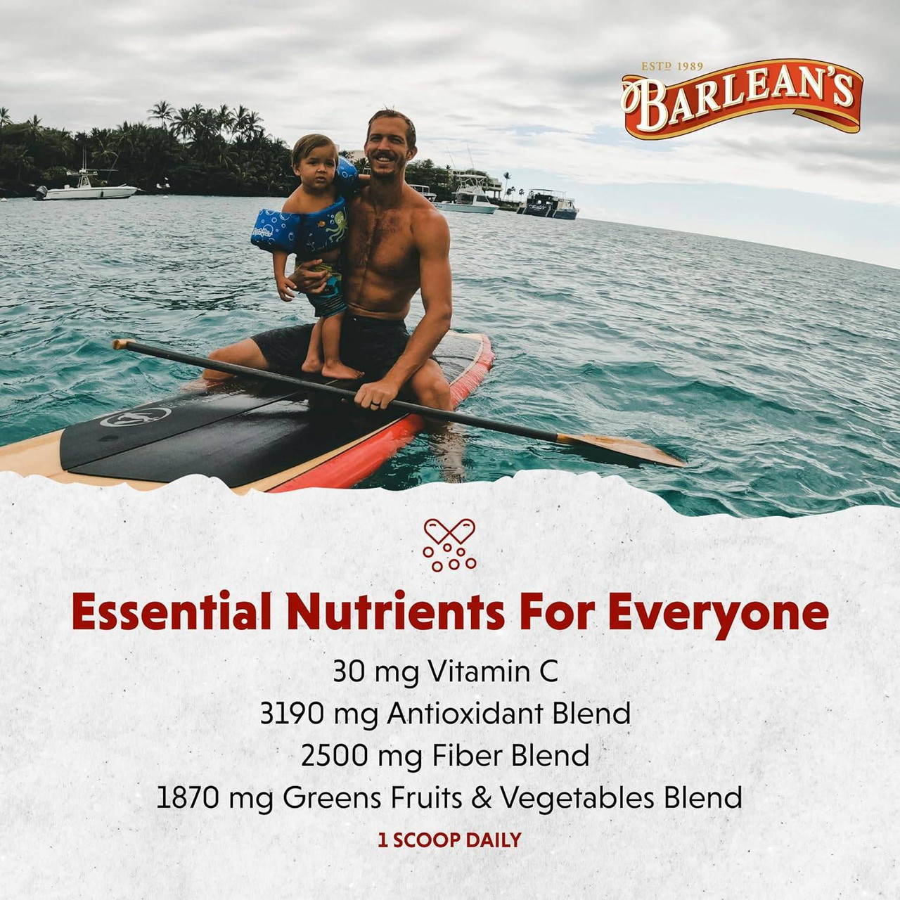 Father and child paddleboarding, essential nutrients for everyone ingredient amounts graphic