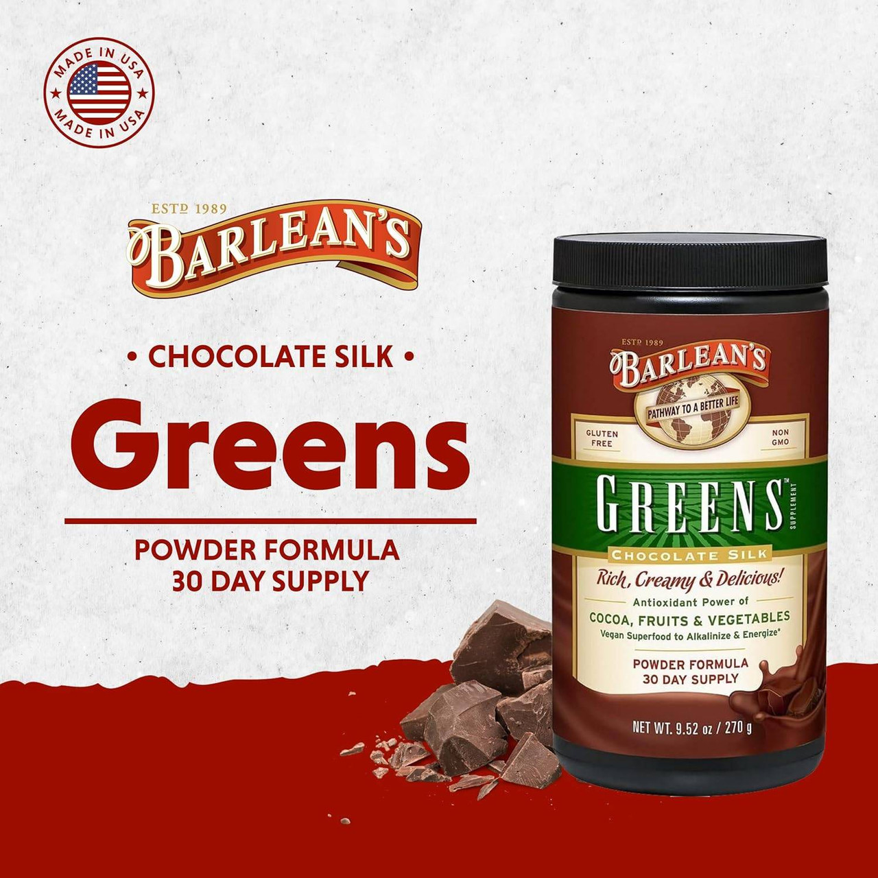 Chocolate Silk Greens powder formula 30 day supply with chocolate graphic