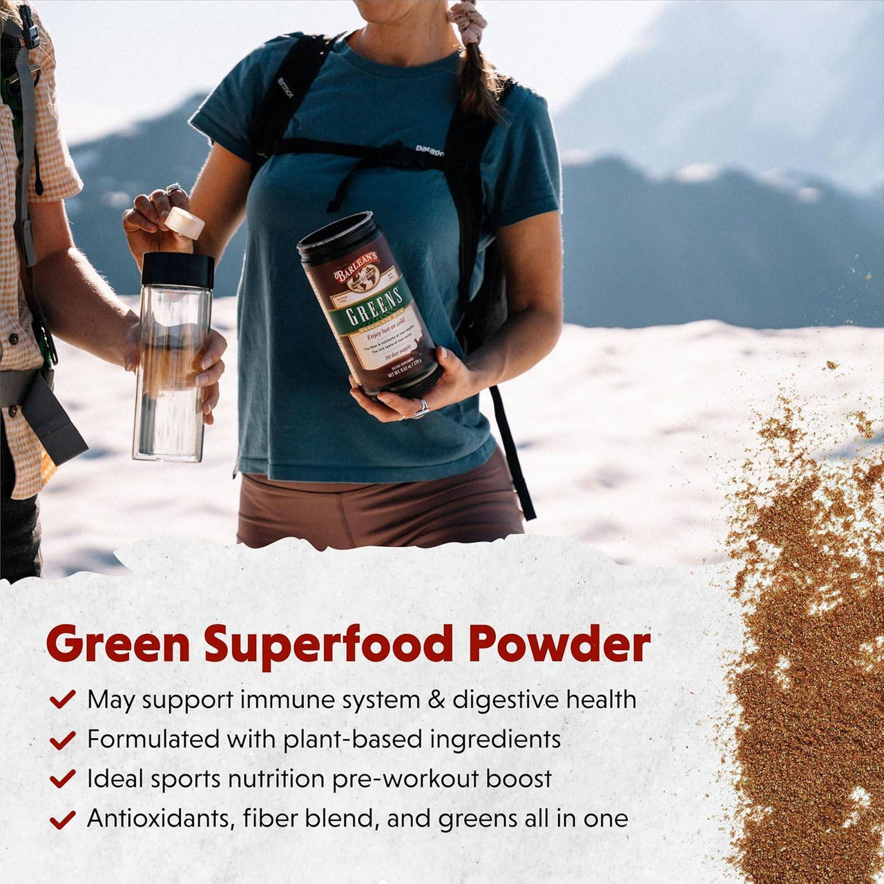 Hiker holding Greens canister, green superfood powder graphic