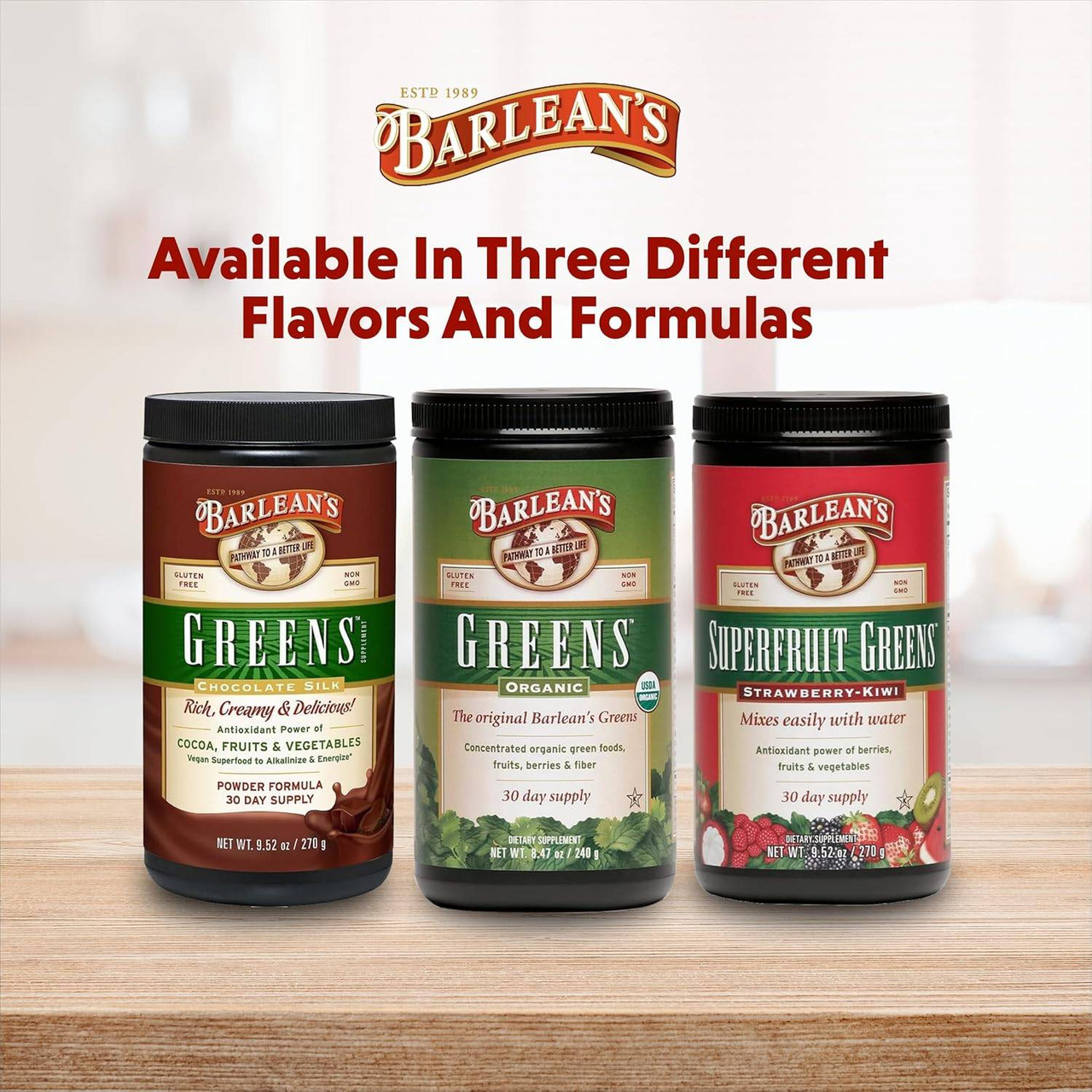 Three Barlean's Greens canisters, available in three flavors and formulas