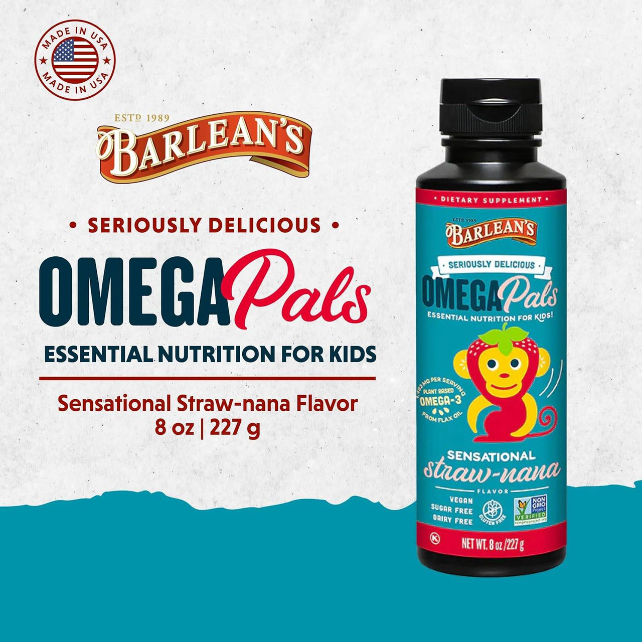 Barlean's Omega Pals essential nutrition for kids, Sensational Straw-nana flavor 8 oz bottle