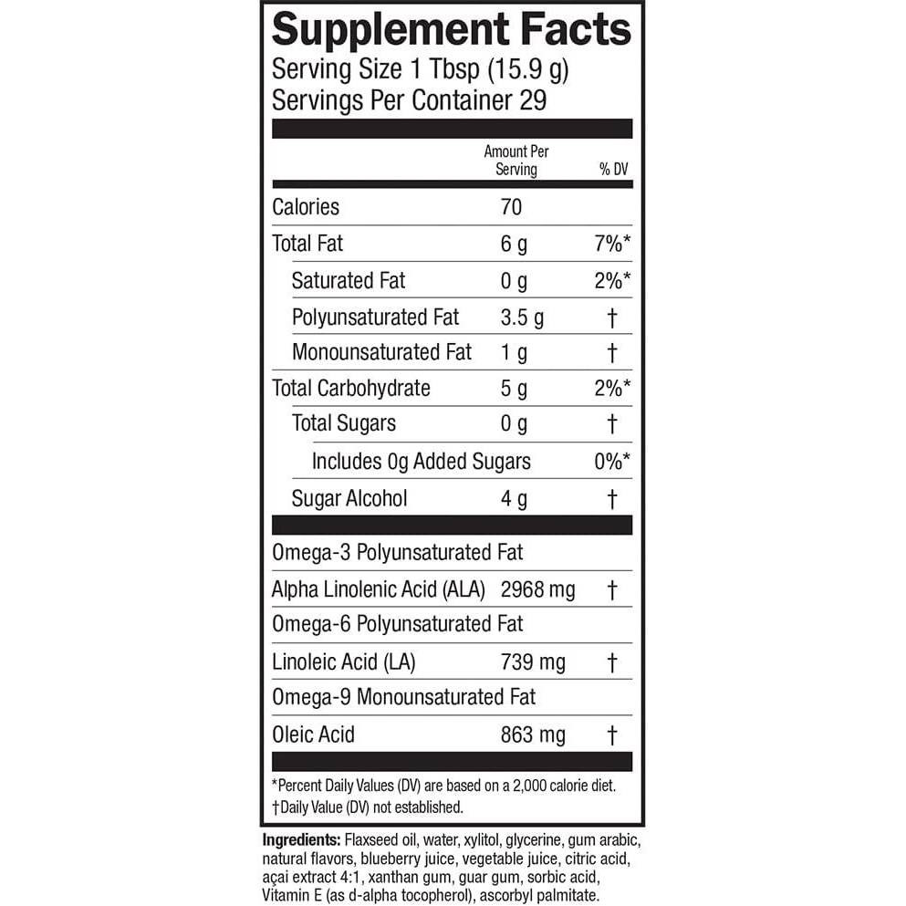 Omega-3 Blackberry Smoothie supplement facts, 1 tablespoon serving with 2,968 mg ALA