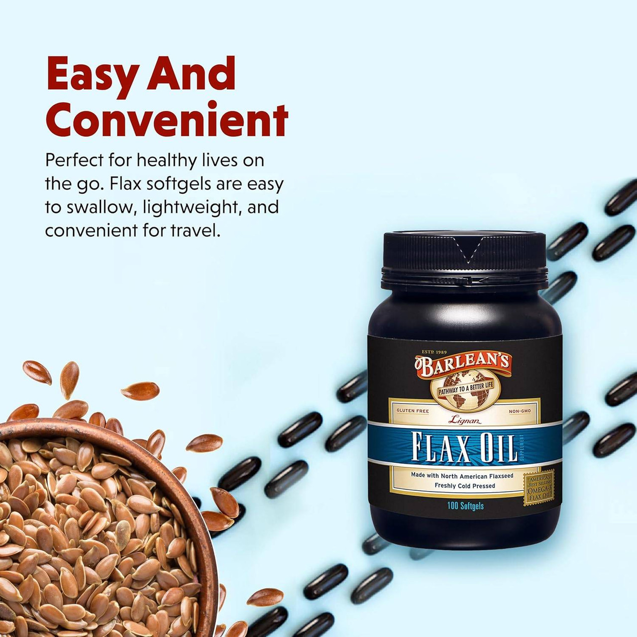 Flax Oil jar with flaxseed and softgels, easy and convenient graphic