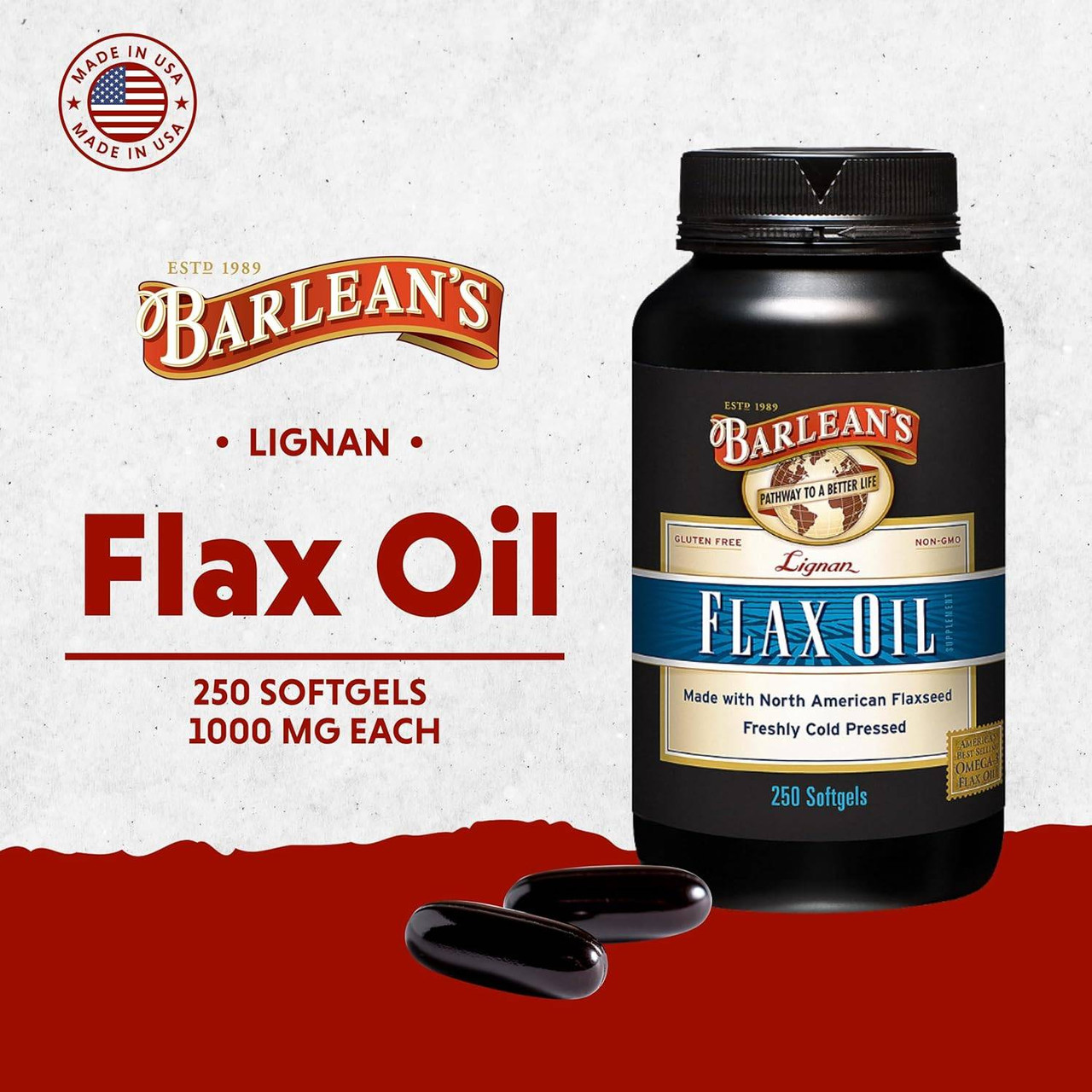 Lignan Flax Oil jar with softgels, 250 softgels 1000 mg each graphic