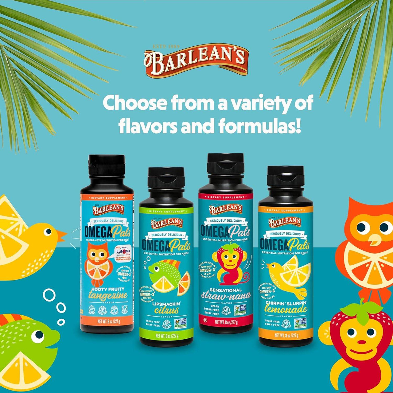 Row of Omega Pals bottles, choose from a variety of flavors and formulas