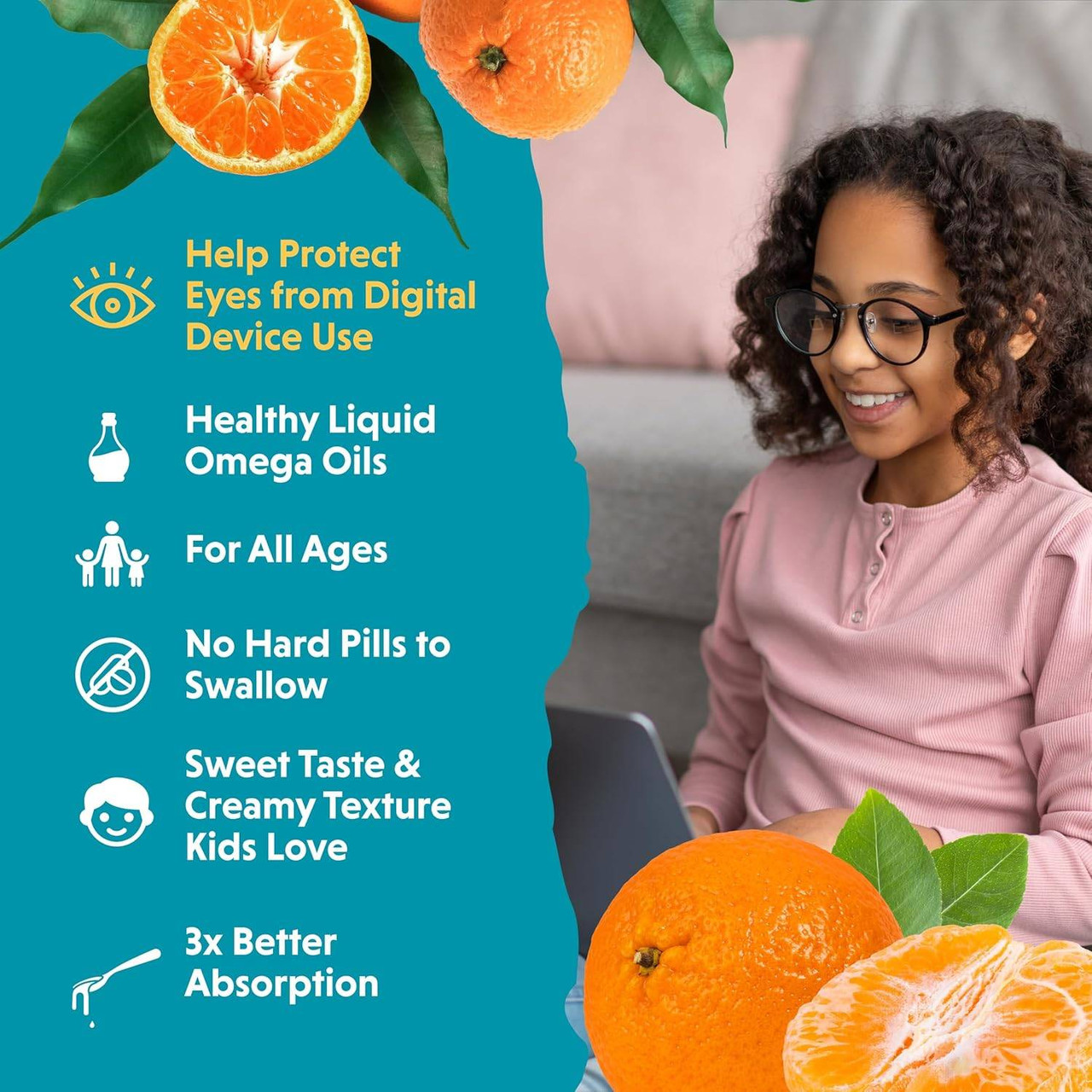 Girl with tablet and oranges, healthy liquid omega oils for all ages, no hard pills to swallow