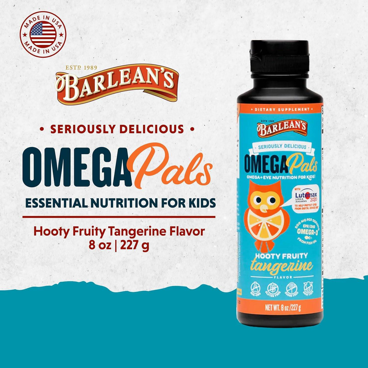 Barleans Organic Oils Seriously Delicious Omega Pals Hooty Fruity Tangerine Fish Oil + Eye Nutrition - 227 Grams