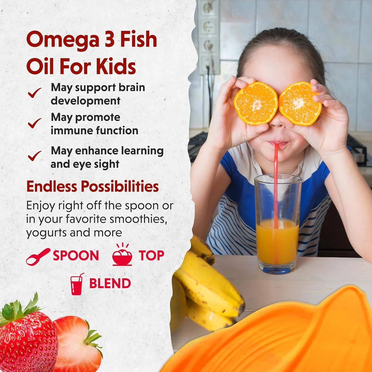 Girl holding orange slices, omega-3 fish oil for kids, spoon, top or blend serving ideas