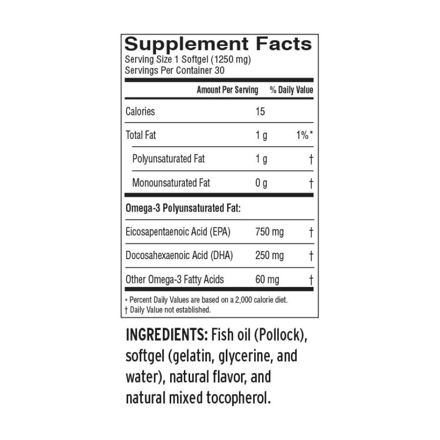 Ideal Omega3 supplement facts, 1 softgel serving with 750 mg EPA and 250 mg DHA
