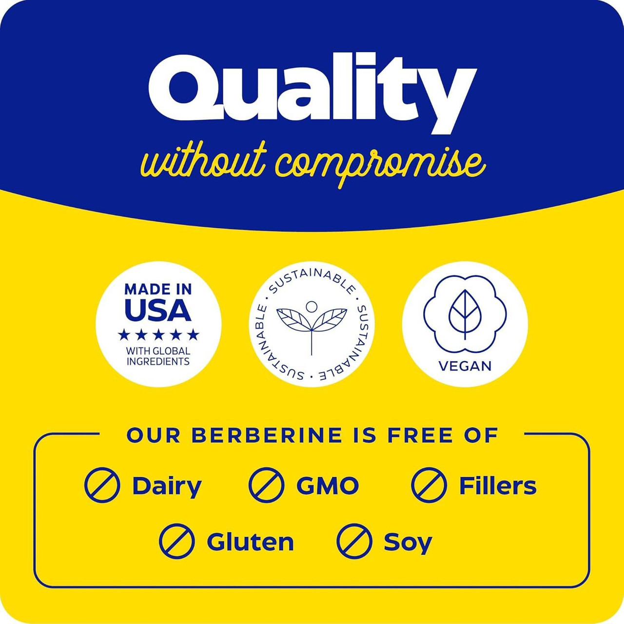 Quality without compromise graphic, made in USA, vegan, free of dairy, GMO, gluten and soy