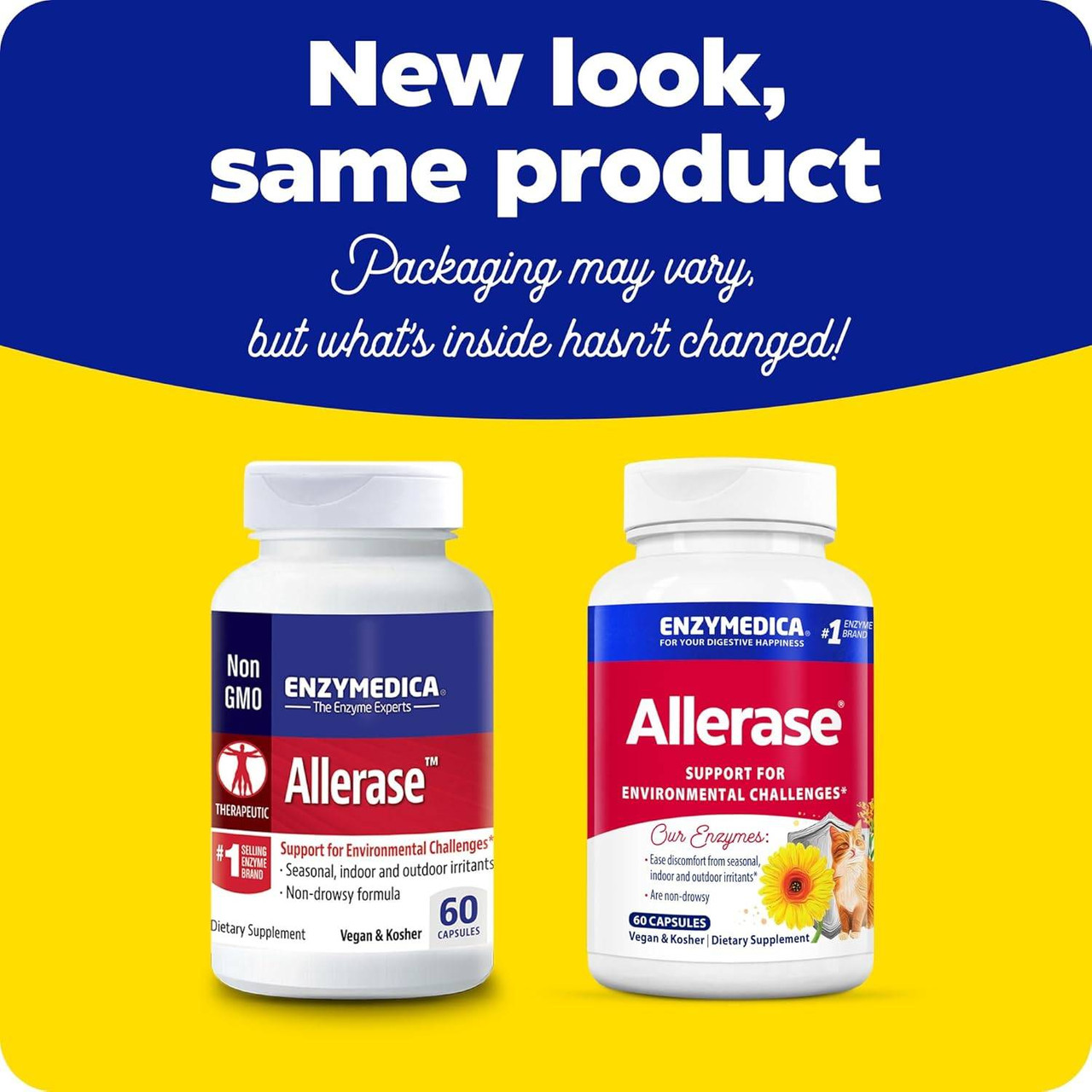 Old and new Allerase bottles, new look same product, packaging may vary