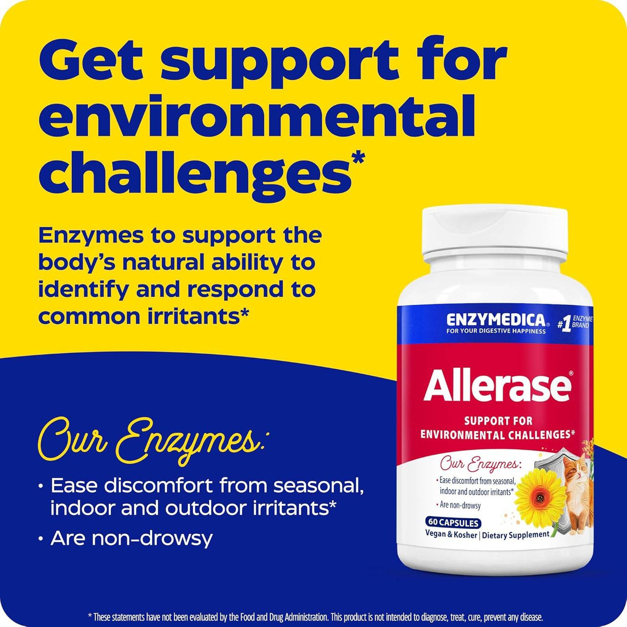 Allerase bottle, get support for environmental challenges graphic, non-drowsy enzymes