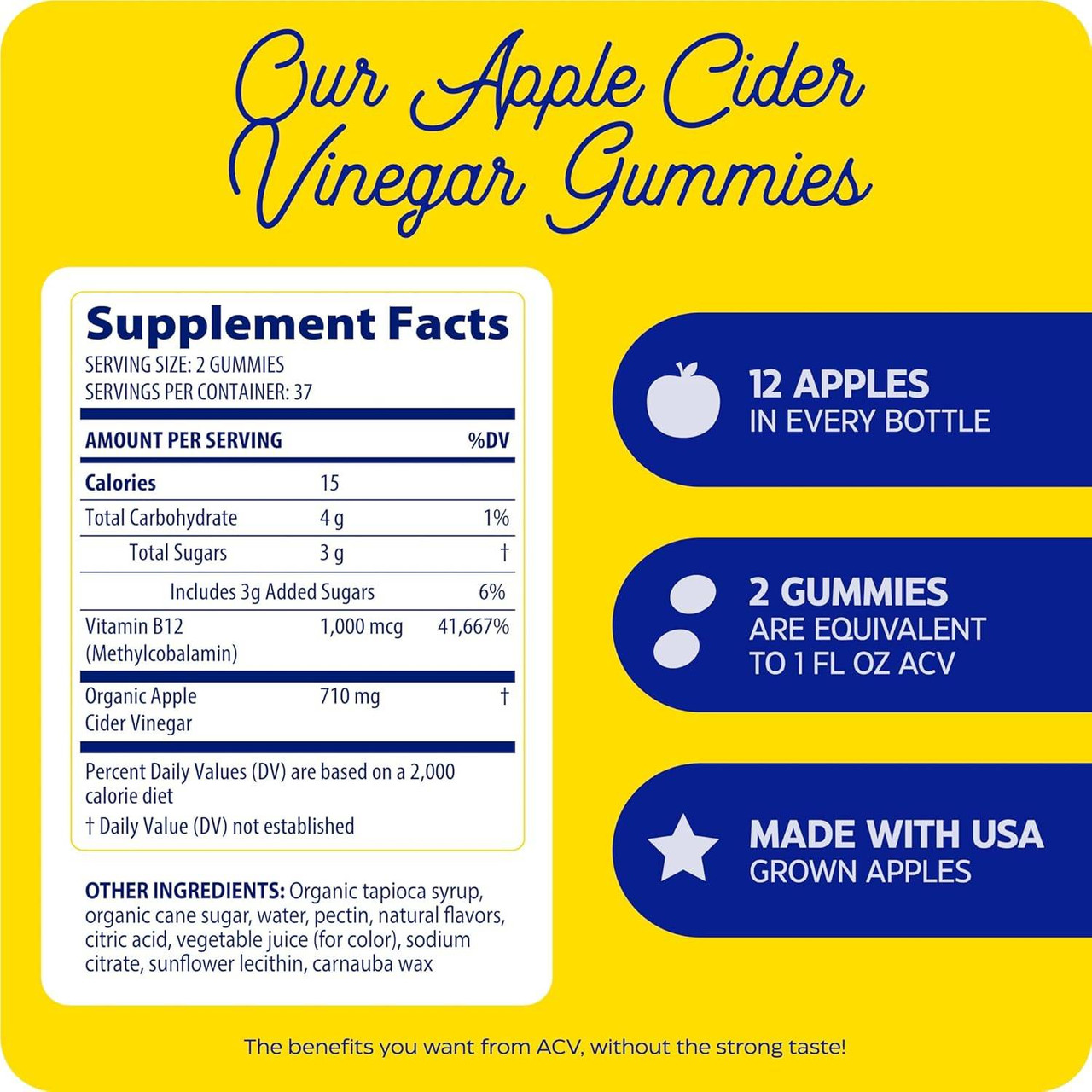 Apple Cider Vinegar Gummies supplement facts, 12 apples in every bottle graphic