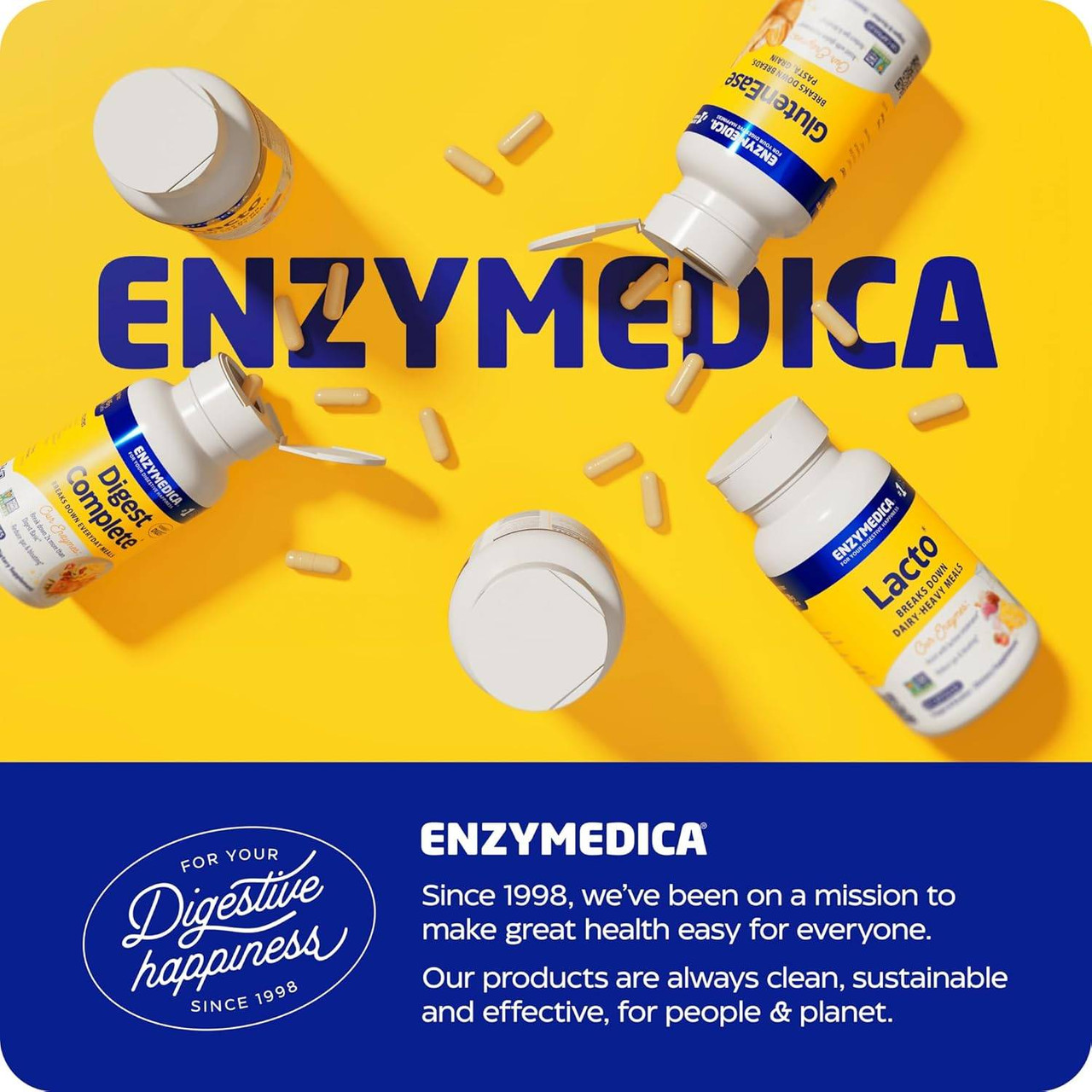Enzymedica bottles on yellow, brand mission graphic
