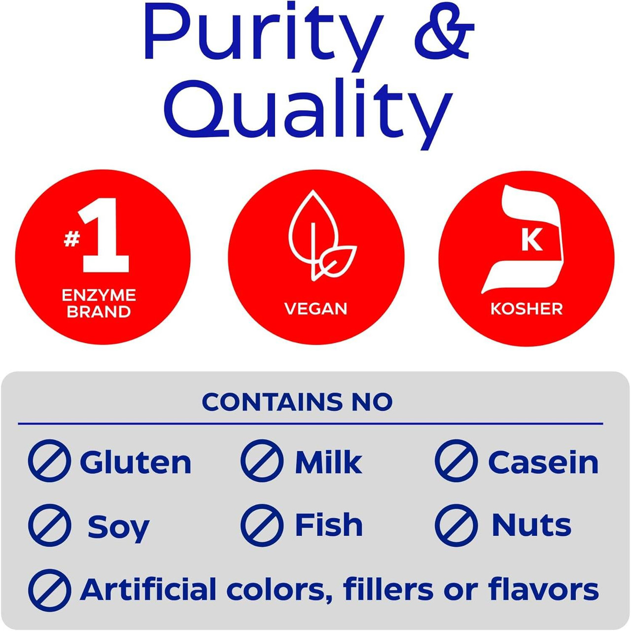 Enzymedica purity and quality graphic with vegan and kosher icons and contains no allergen list