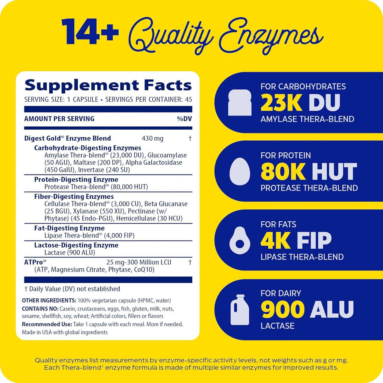 Digest Gold 45 capsule supplement facts with enzyme callouts