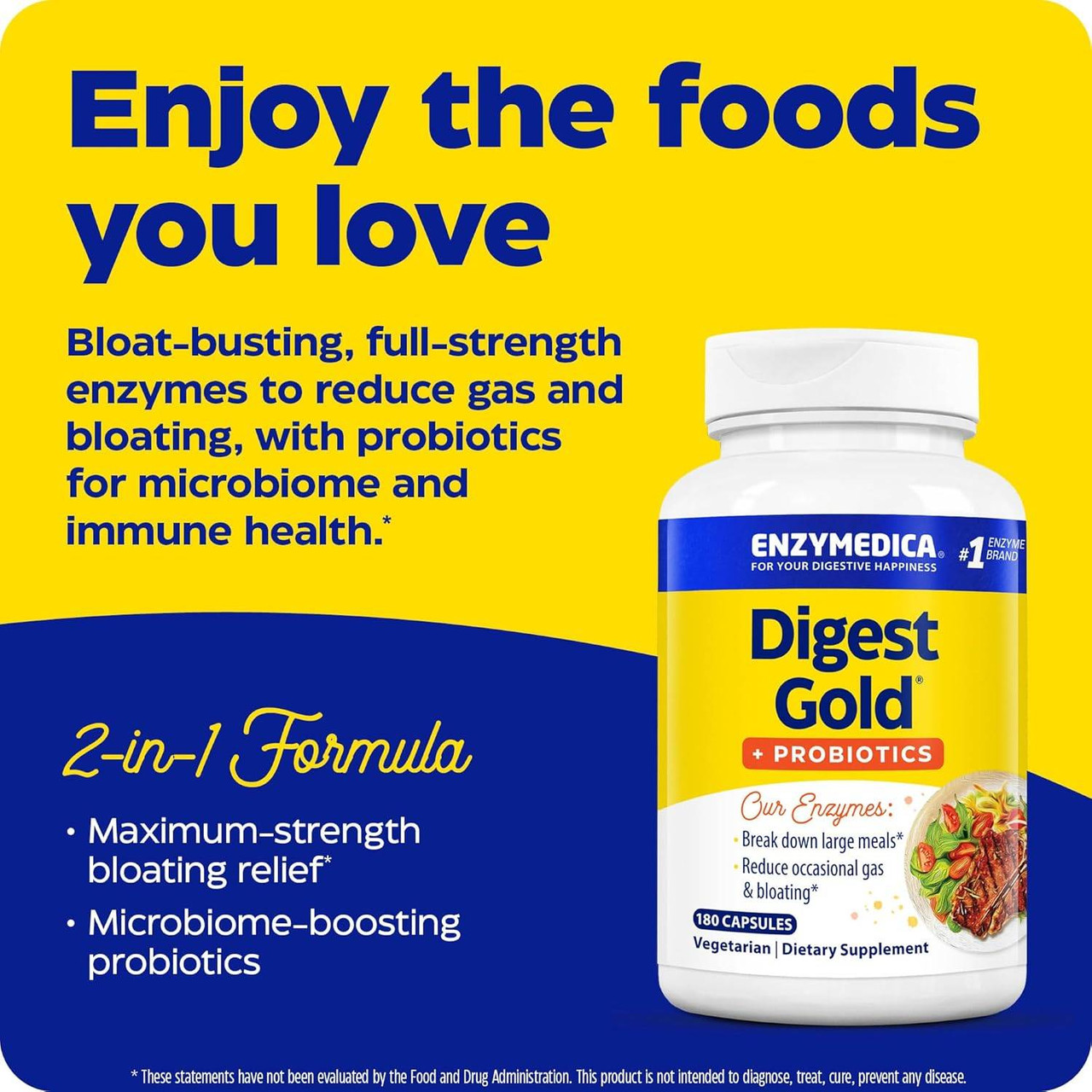 Digest Gold + Probiotics bottle, enjoy the foods you love 2-in-1 formula graphic