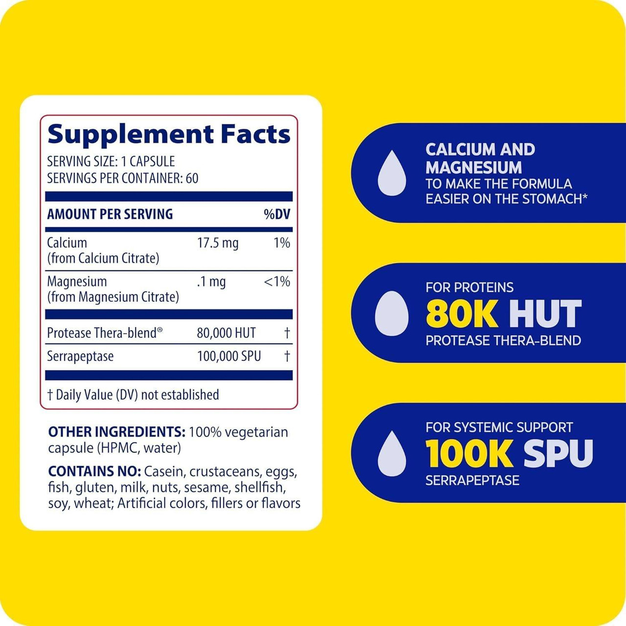SerraGold supplement facts, 60 servings, with enzyme activity graphic