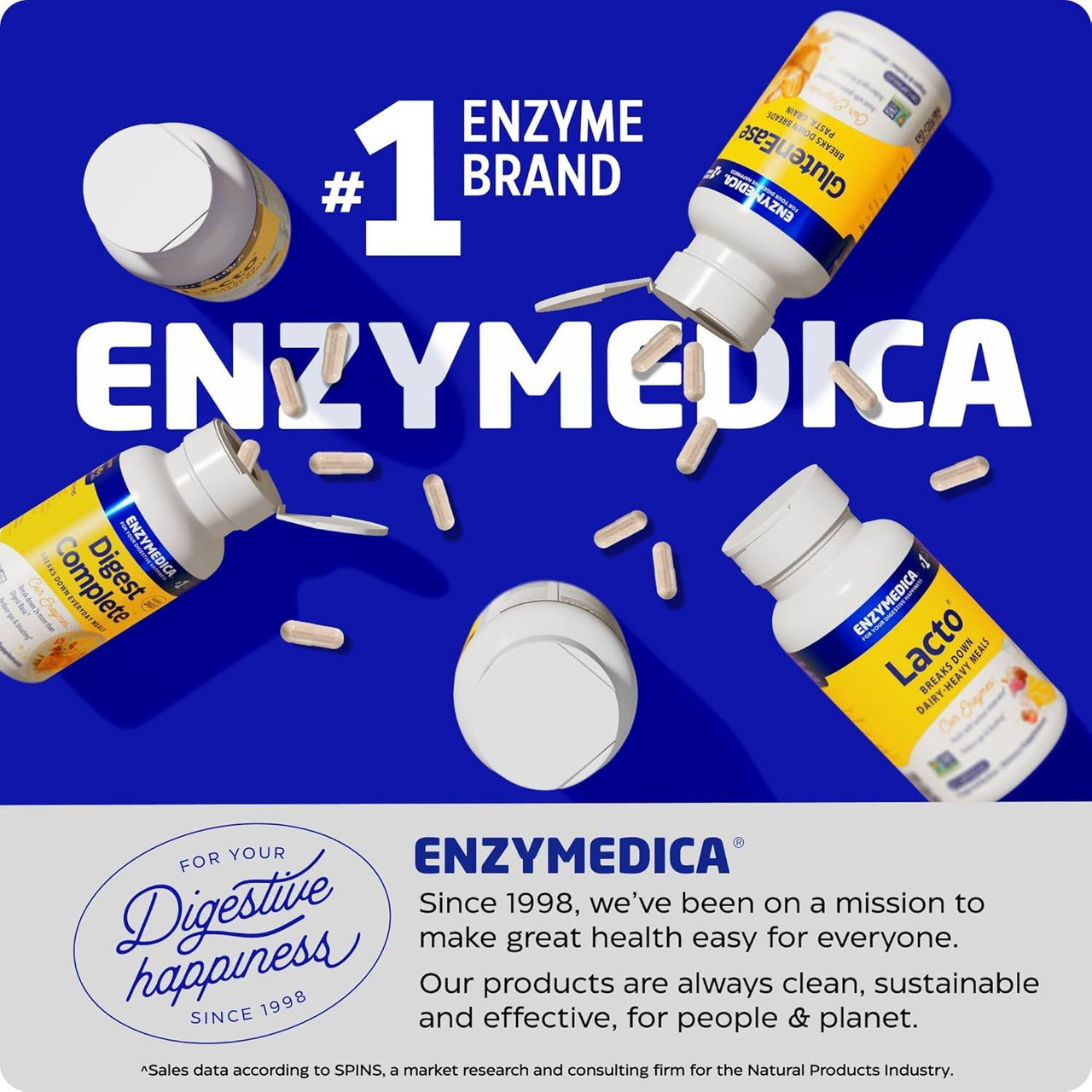 Enzymedica bottles on blue, brand mission graphic