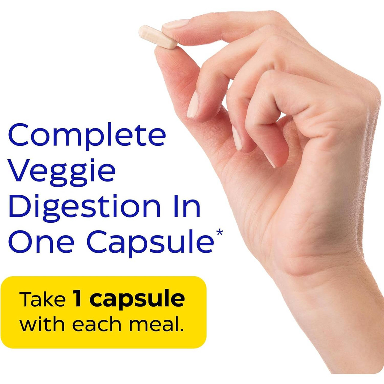 Hand holding a capsule, take 1 capsule with each meal