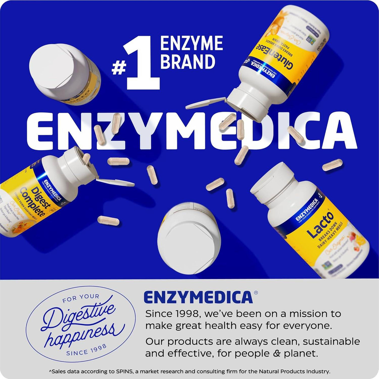 Enzymedica bottles on a blue background with brand mission text