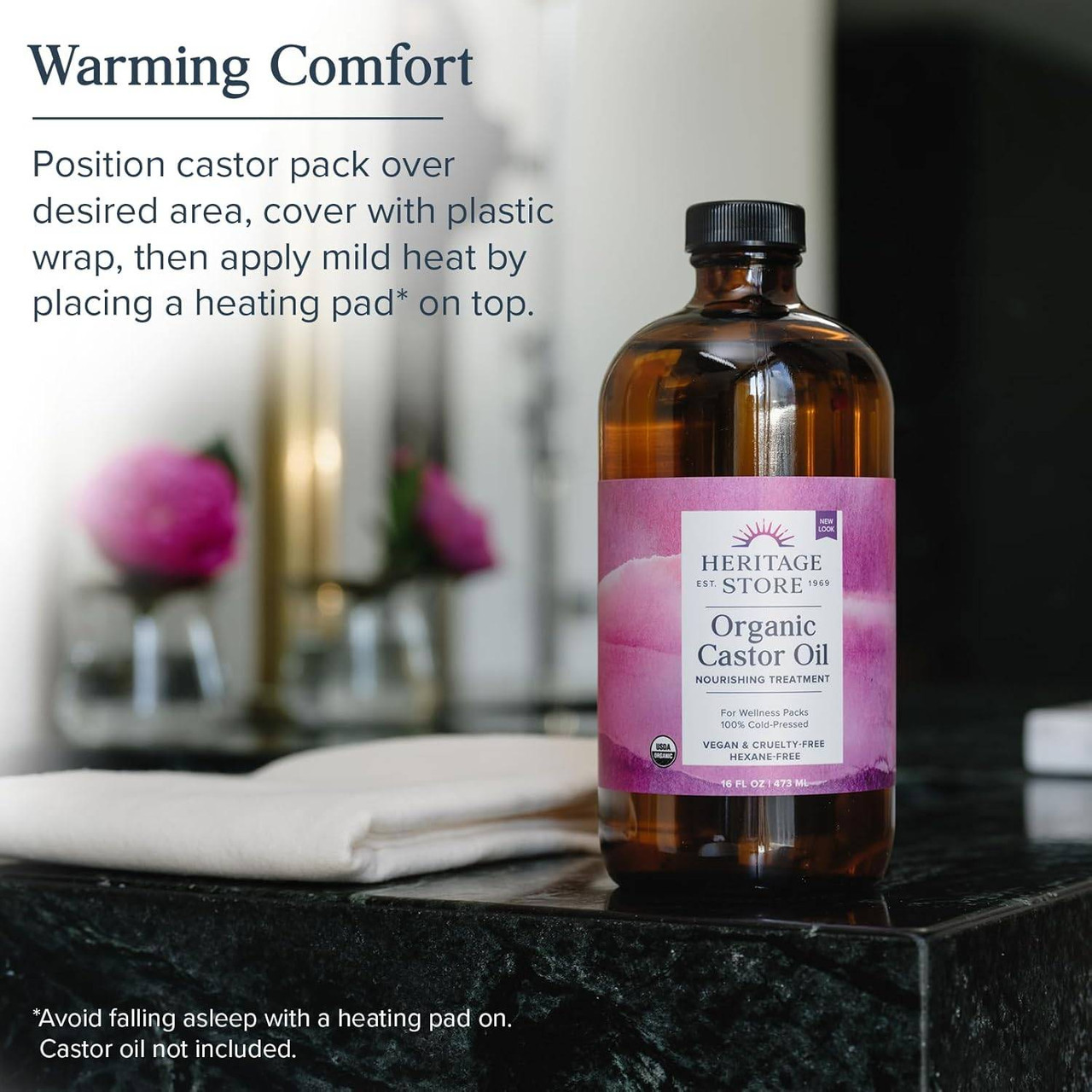 Castor oil bottle and flannel, warming comfort castor pack directions graphic