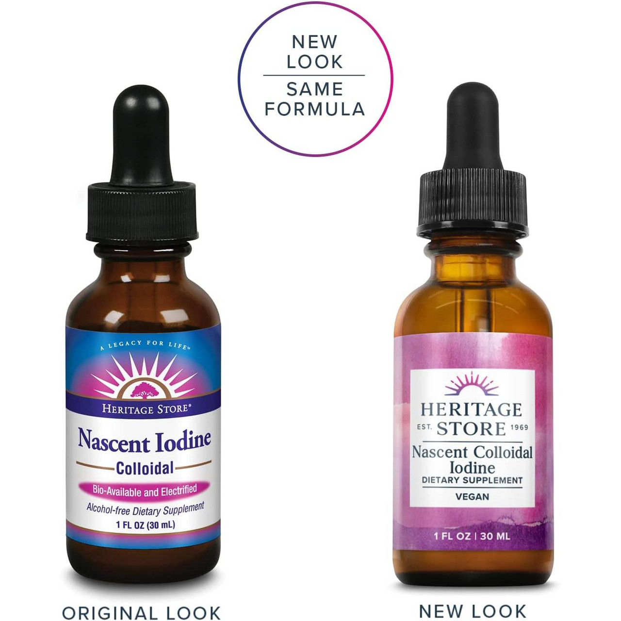 Original and new look Heritage Store Nascent Colloidal Iodine bottles, same formula