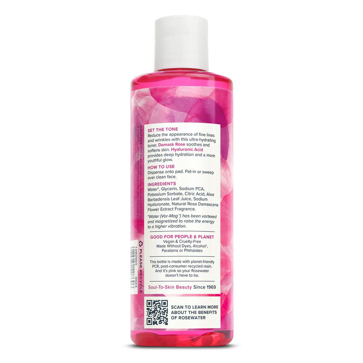 Rosewater Toner bottle back label with directions and ingredients