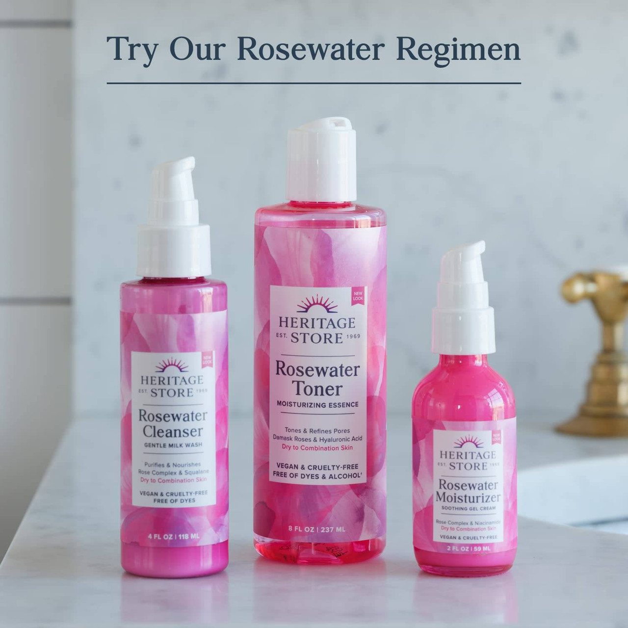 Heritage Store Rosewater cleanser, toner and moisturizer regimen on a bathroom counter