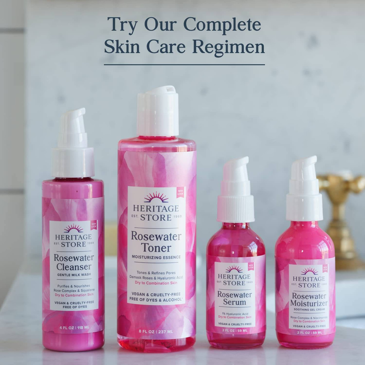 Heritage Store Rosewater cleanser, toner, serum and moisturizer skin care regimen