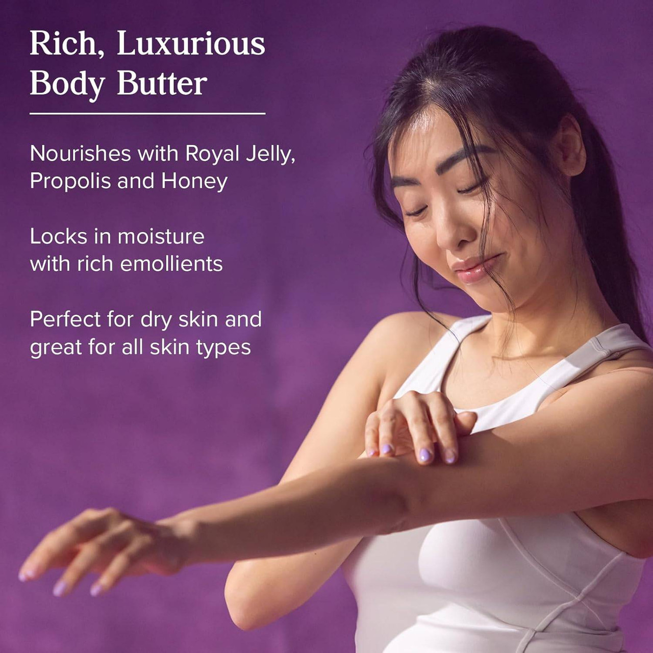 Woman applying body butter to her arm, rich, luxurious body butter graphic