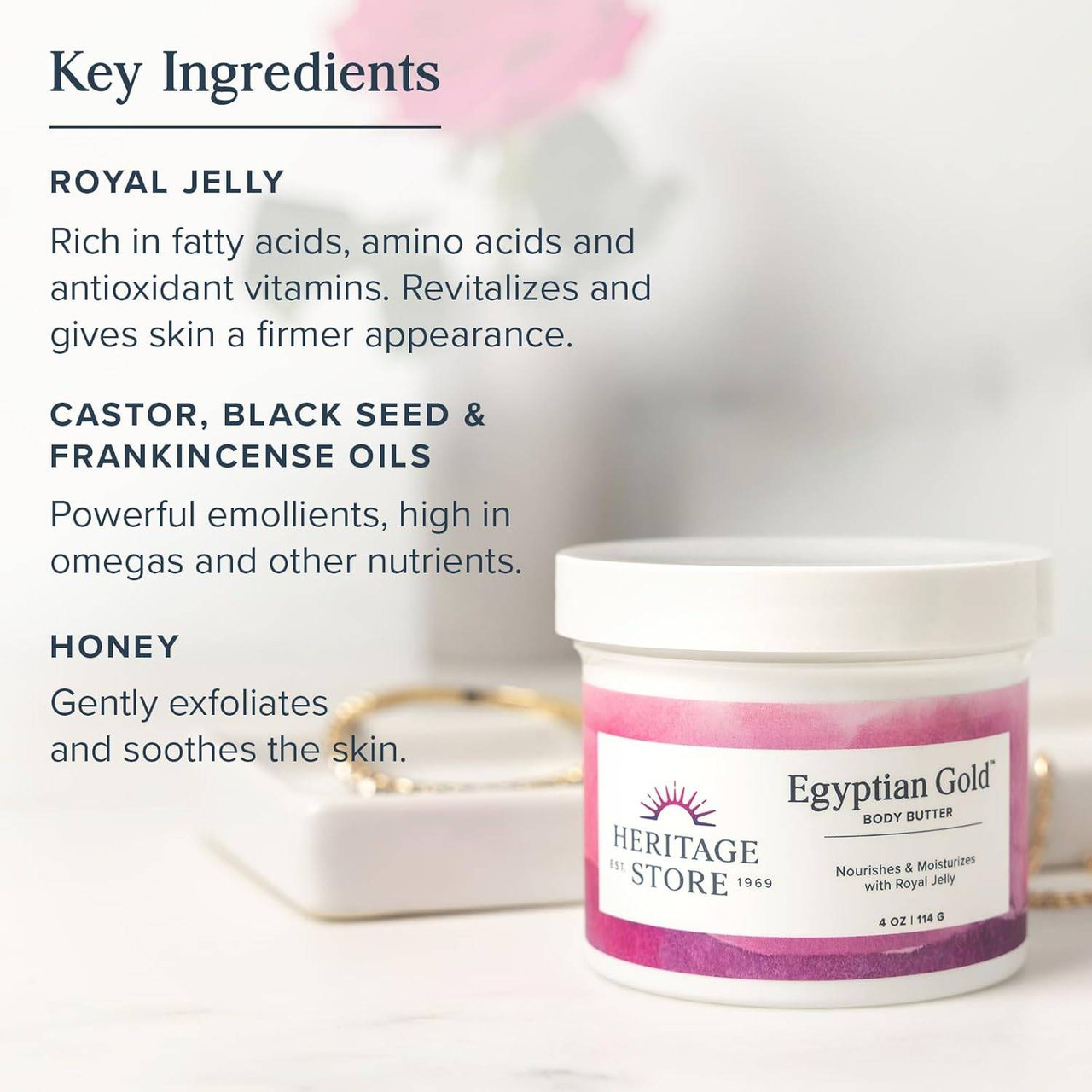 Egyptian Gold jar, key ingredients royal jelly, castor, black seed, frankincense and honey