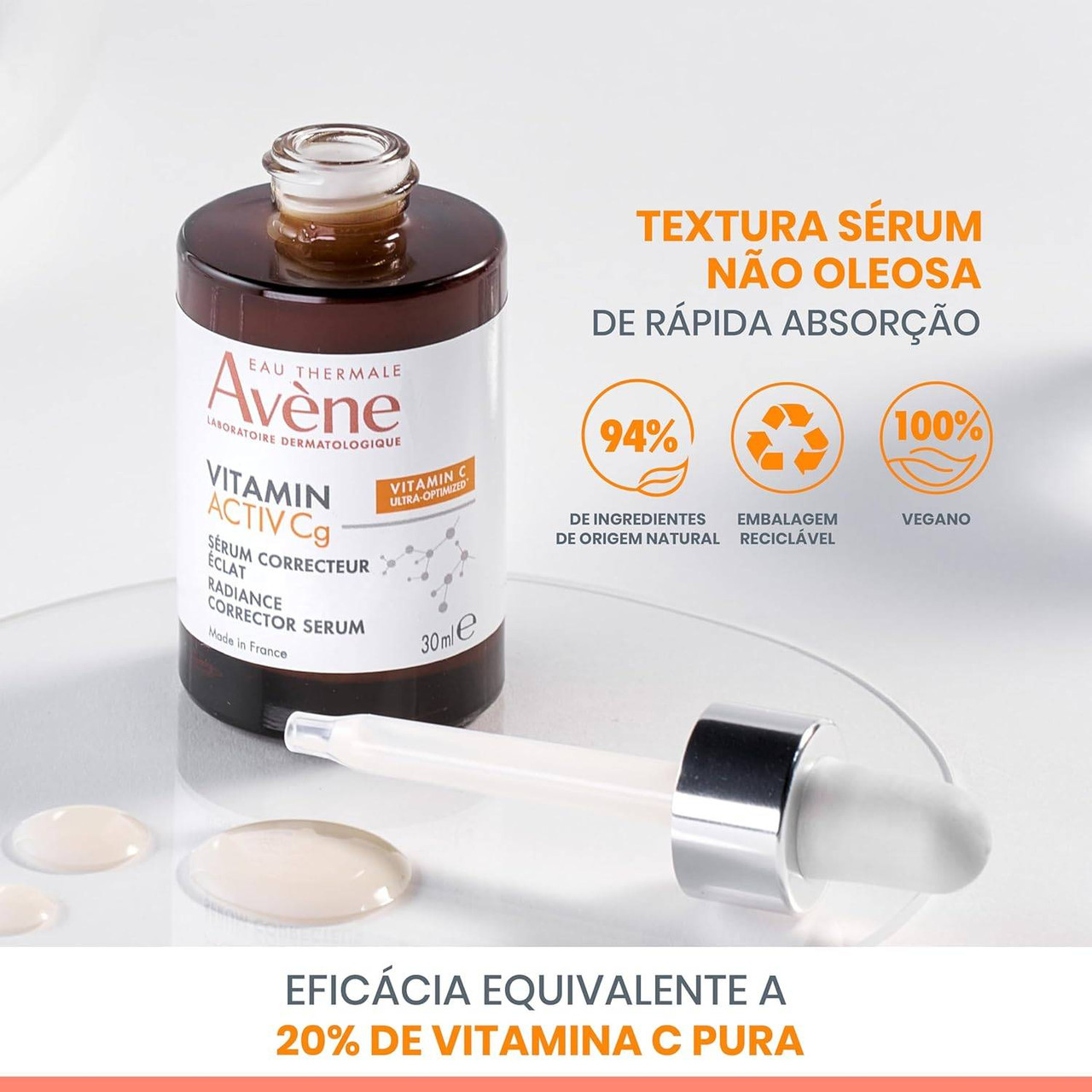 Avene serum bottle and dropper with a serum texture swatch