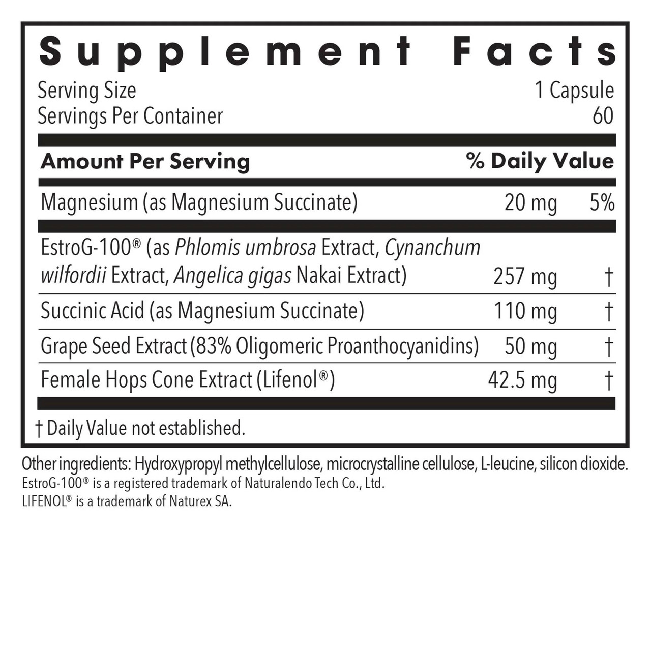 Flashes No More supplement facts panel, 1 capsule serving