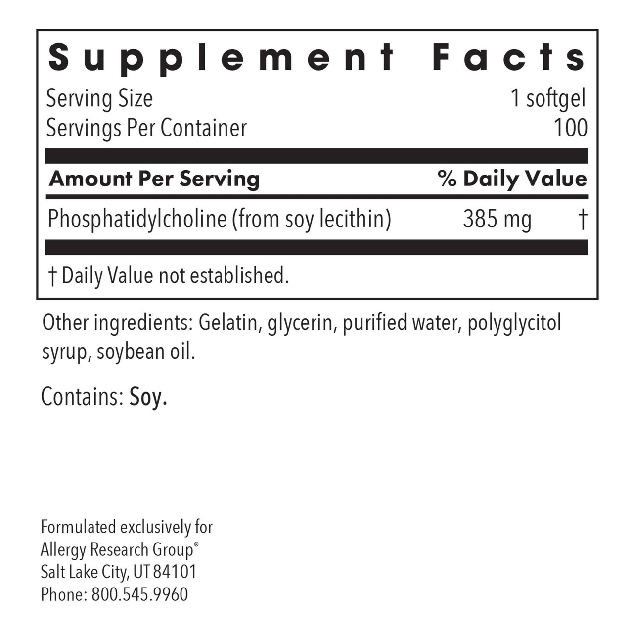 Allergy Research Group Phosphatidylcholine 385mg - 100 Softgels