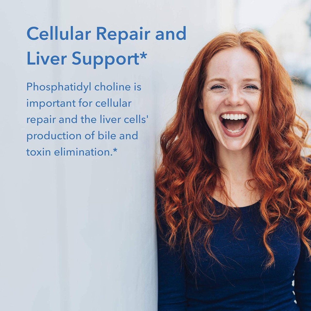 Smiling red-haired woman, phosphatidyl choline cellular and liver support graphic