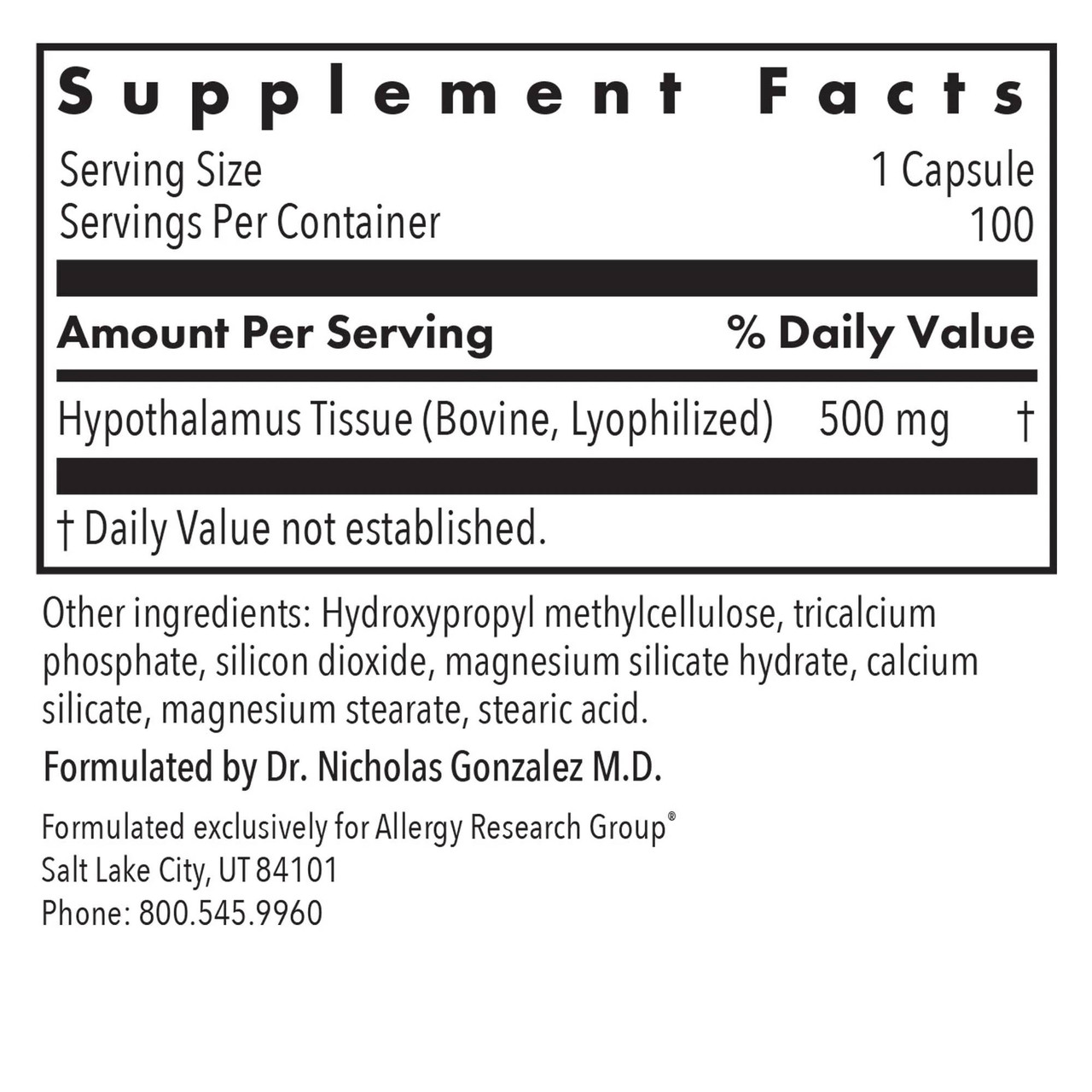 Hypothalamus supplement facts, 500 mg bovine tissue per capsule
