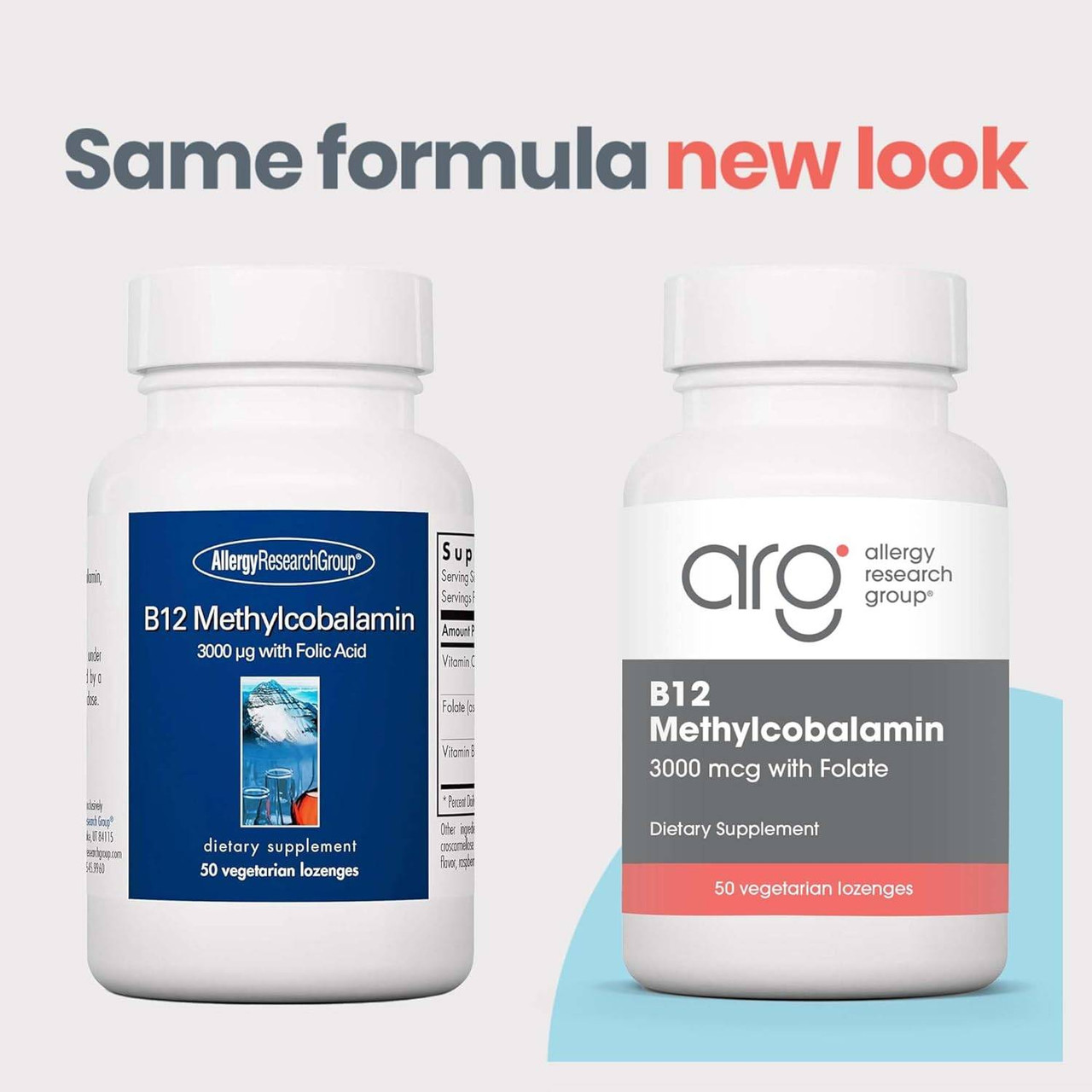 Old and new B12 Methylcobalamin bottles, same formula new look