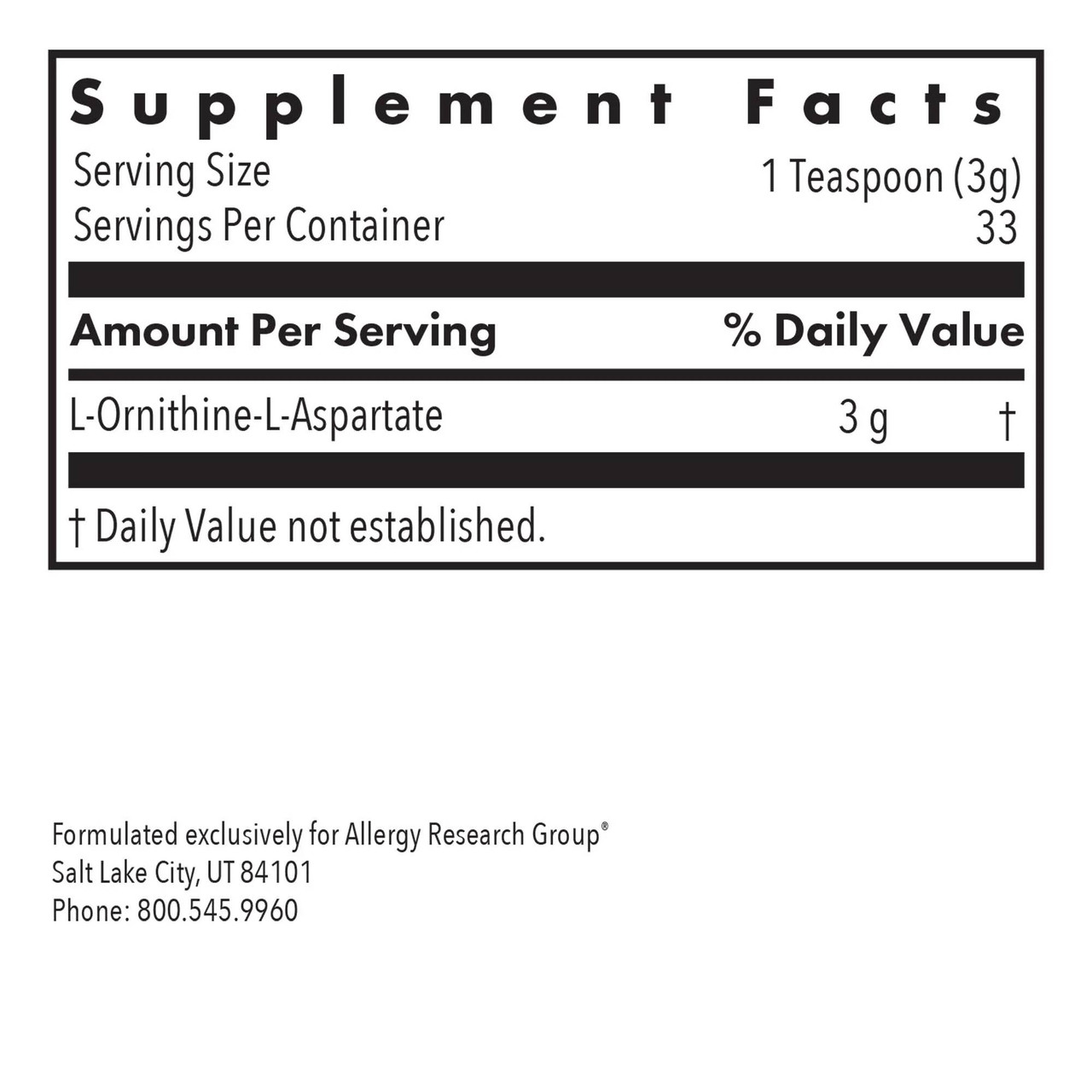 L-Ornithine-L-Aspartate supplement facts, 1 teaspoon (3 g), 33 servings