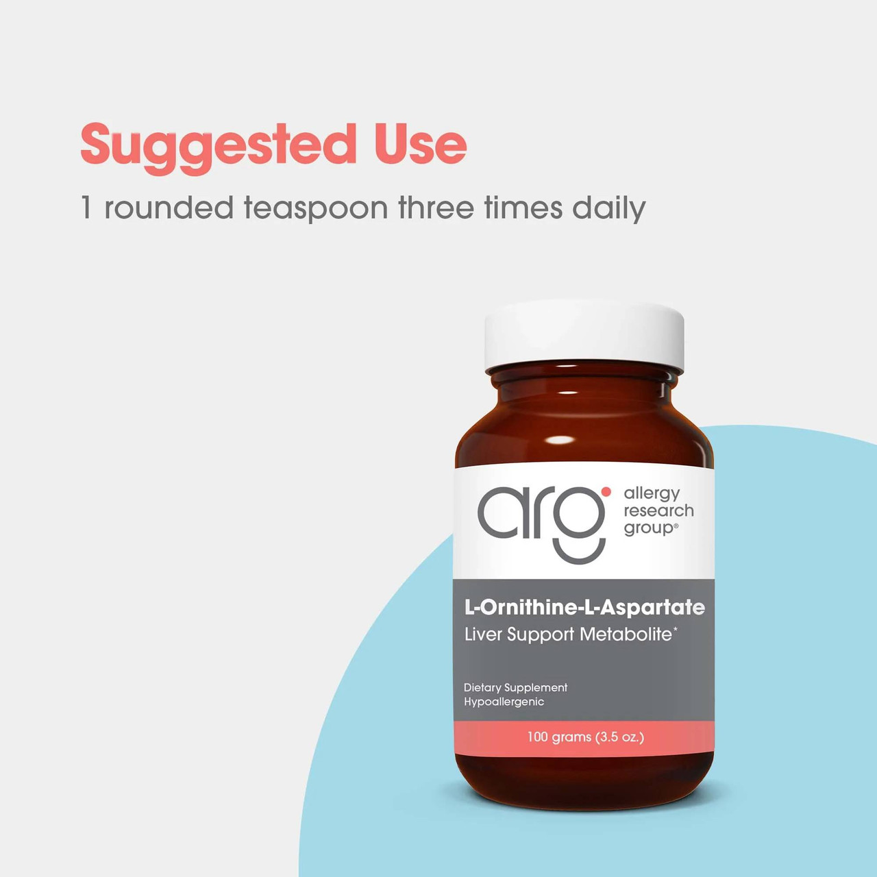 L-Ornithine-L-Aspartate bottle with suggested use of 1 rounded teaspoon three times daily