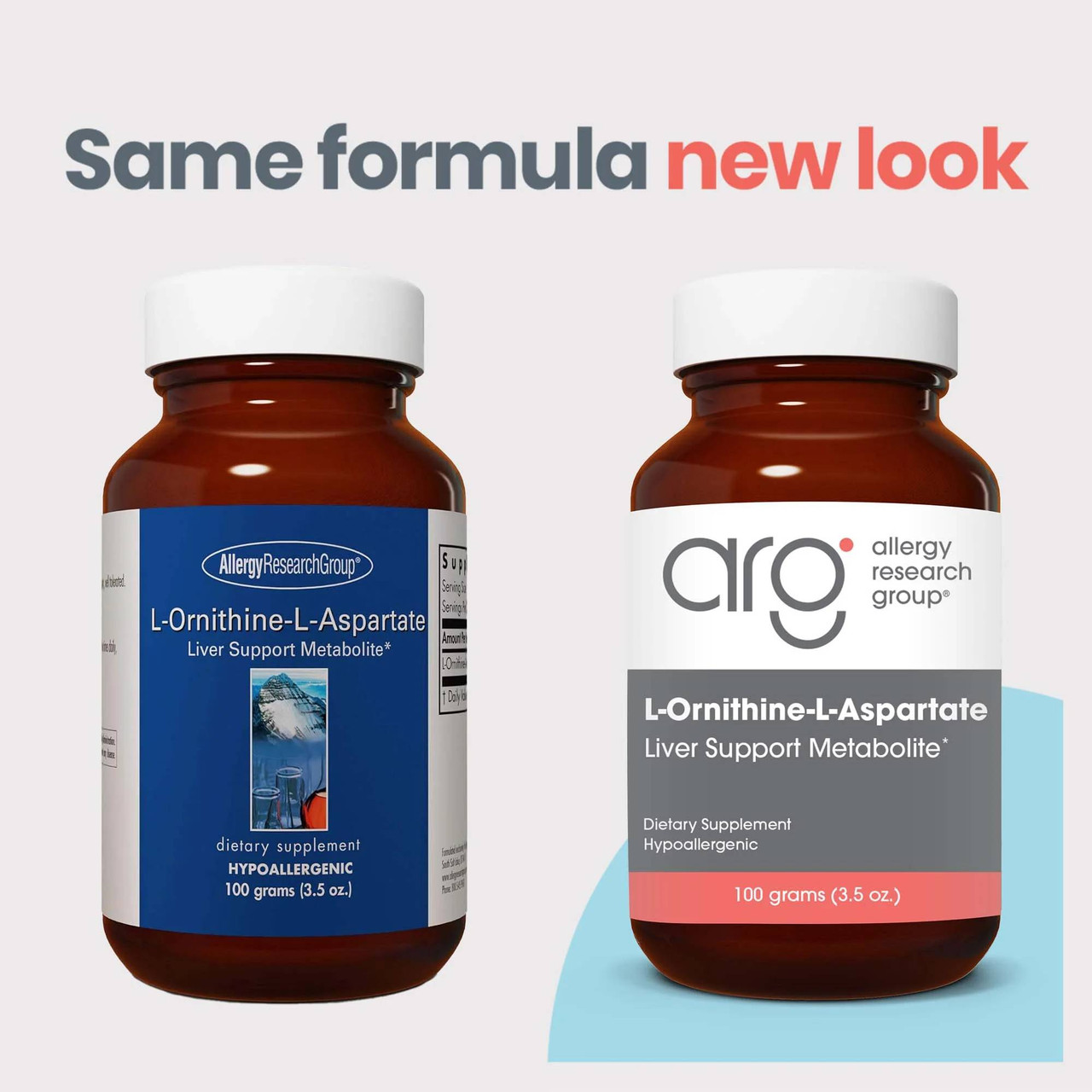 Old and new L-Ornithine-L-Aspartate bottles, same formula new look