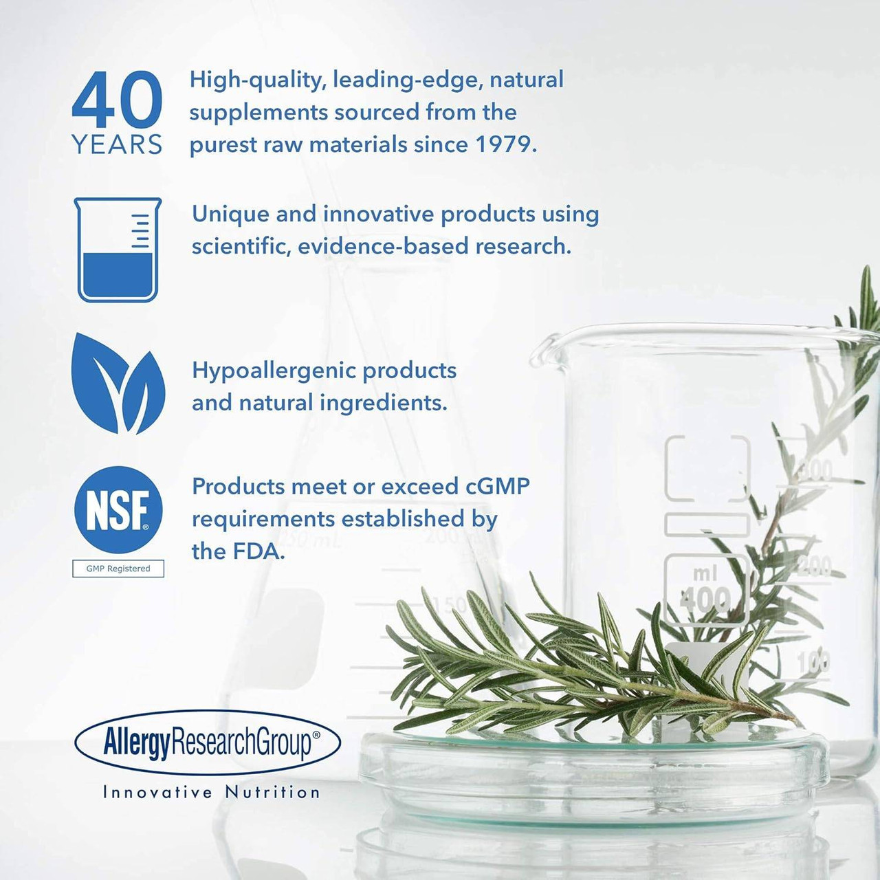 Allergy Research Group quality points beside glassware and a rosemary sprig