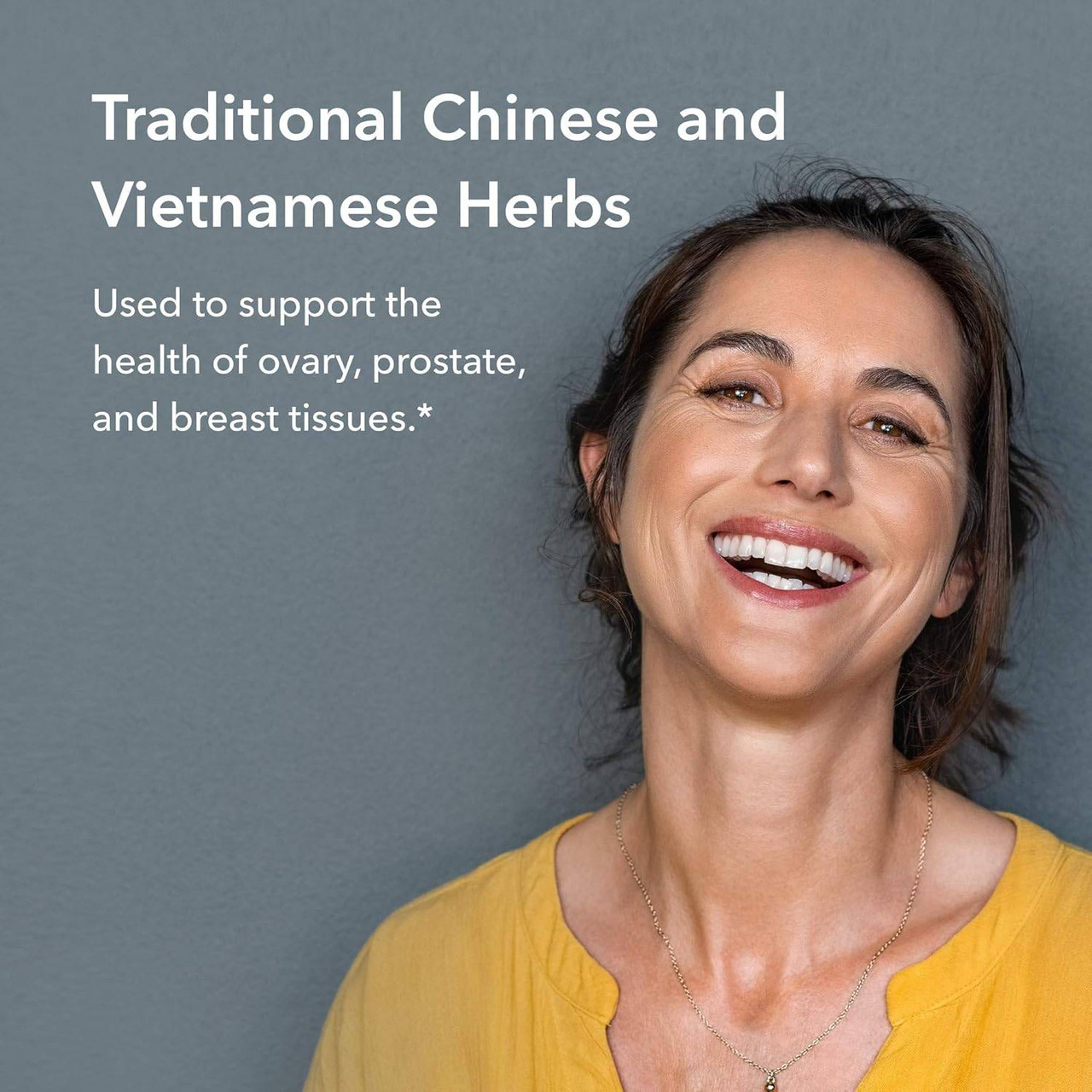 Smiling woman, traditional Chinese and Vietnamese herbs graphic