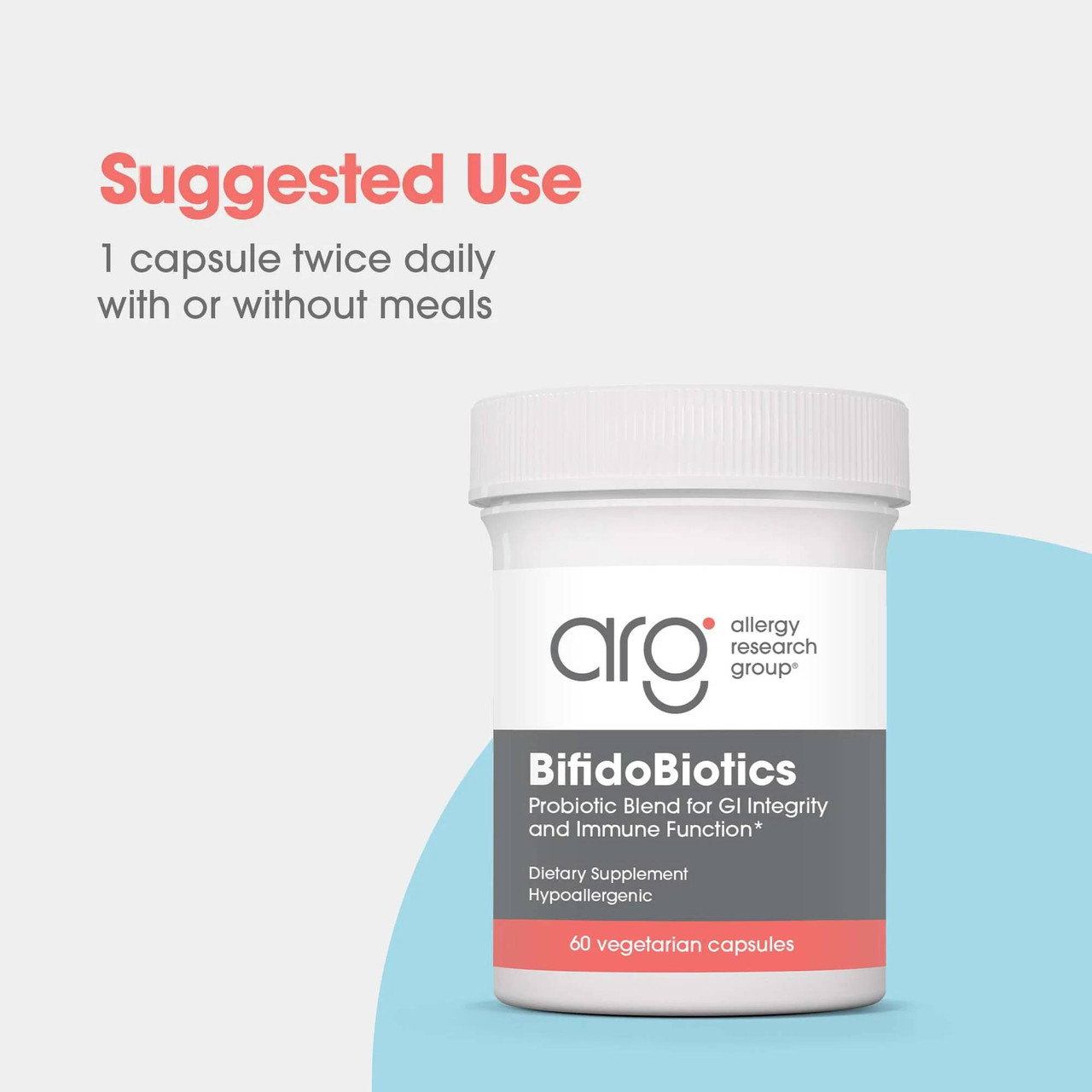 BifidoBiotics bottle, suggested use 1 capsule twice daily with or without meals
