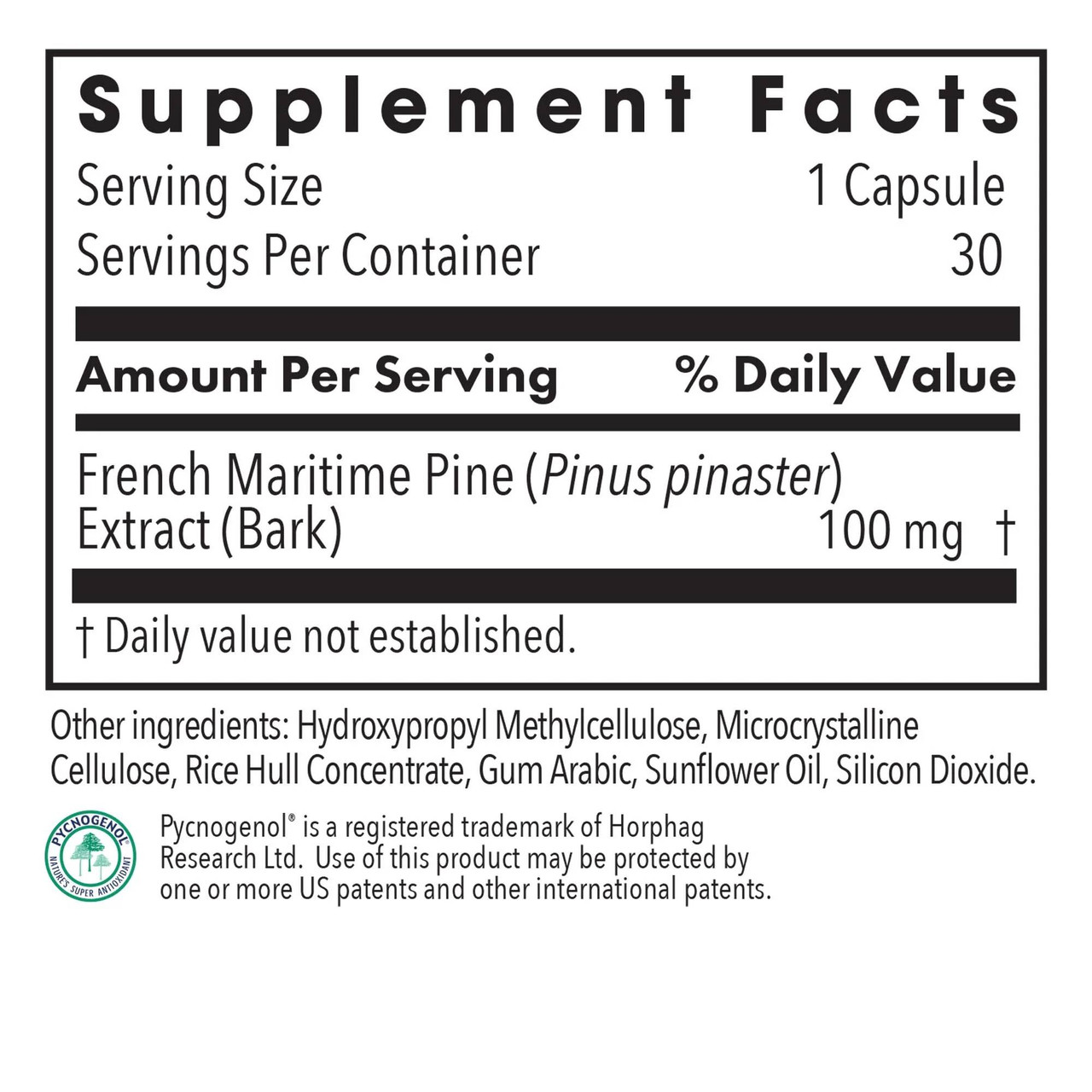 Pycnogenol 100 supplement facts, French maritime pine bark extract 100 mg