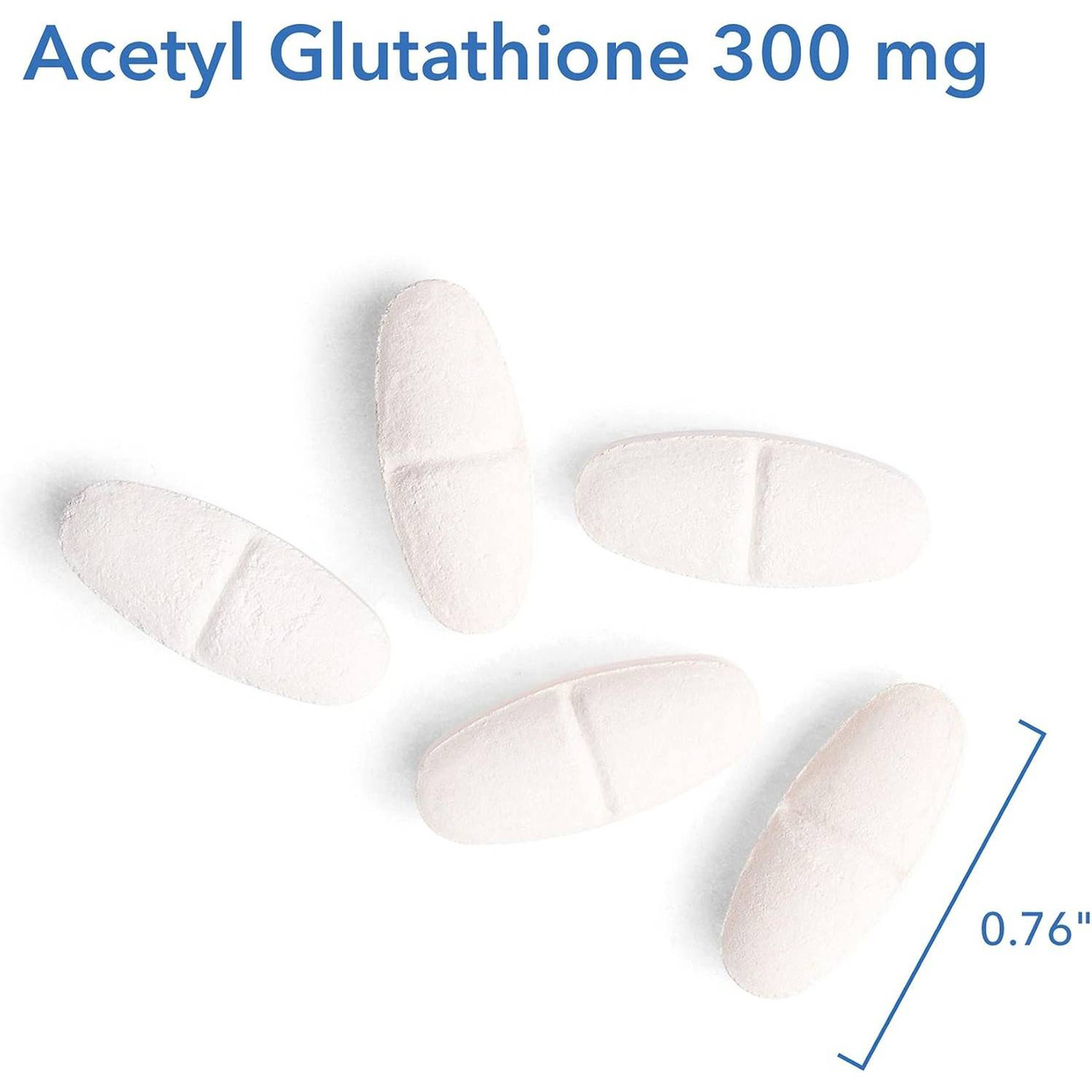 Acetyl Glutathione 300 mg tablets beside a 0.76 inch size marker