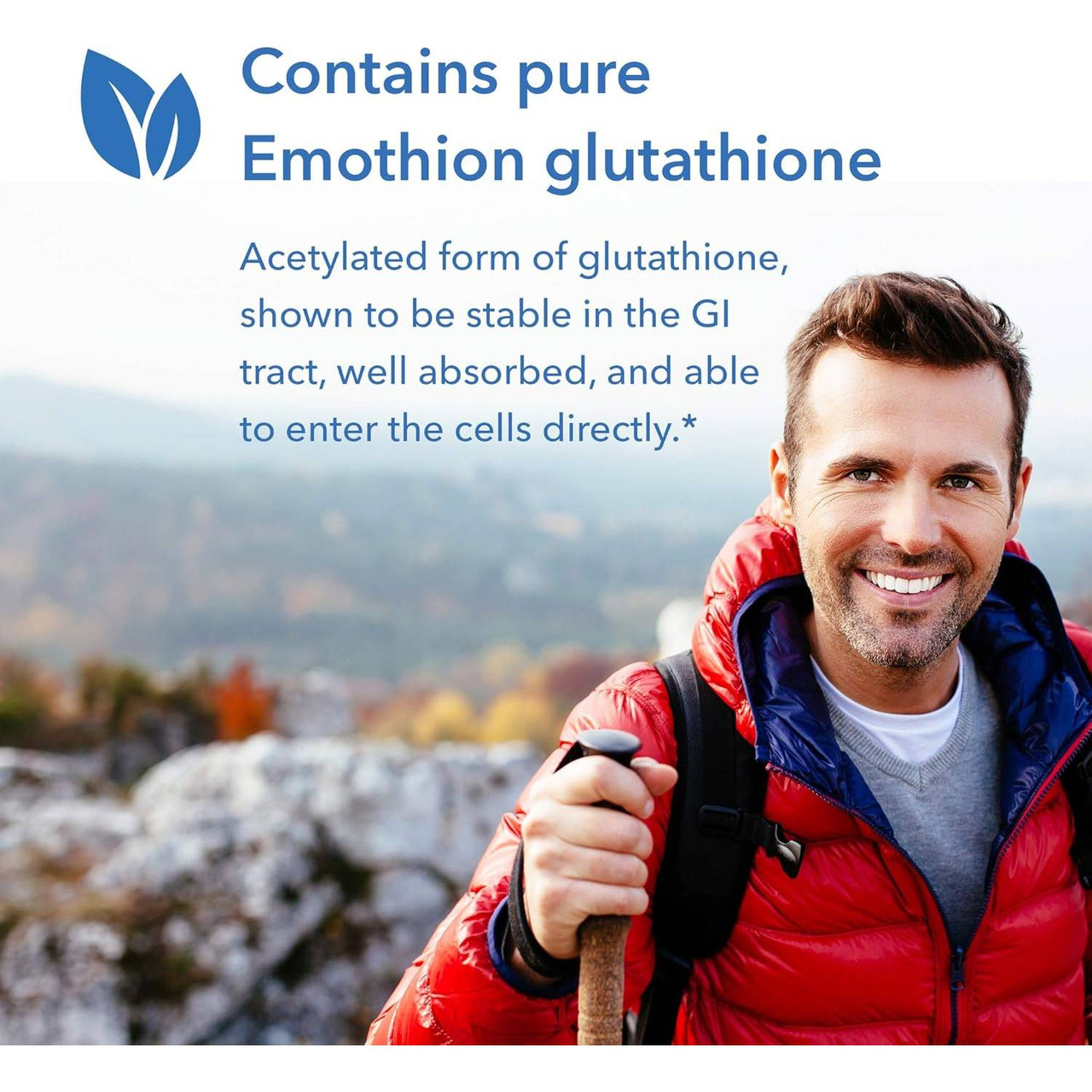 Smiling hiker, contains pure Emothion glutathione graphic