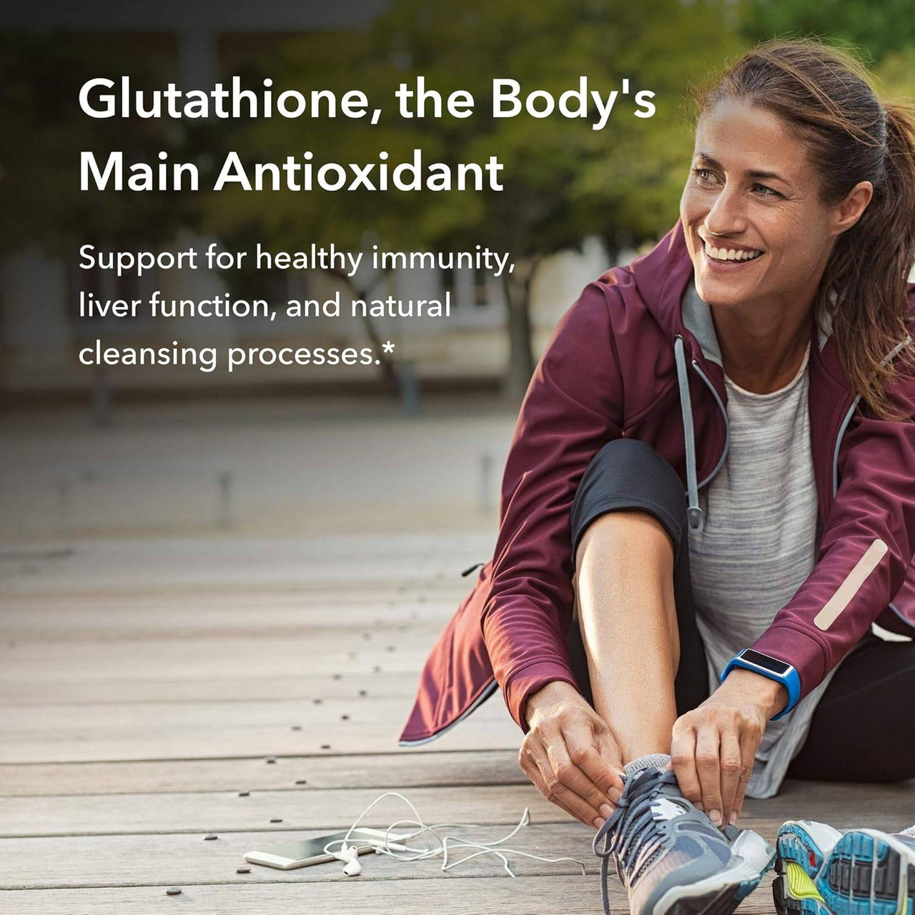 Woman tying her running shoe, glutathione, the body's main antioxidant graphic