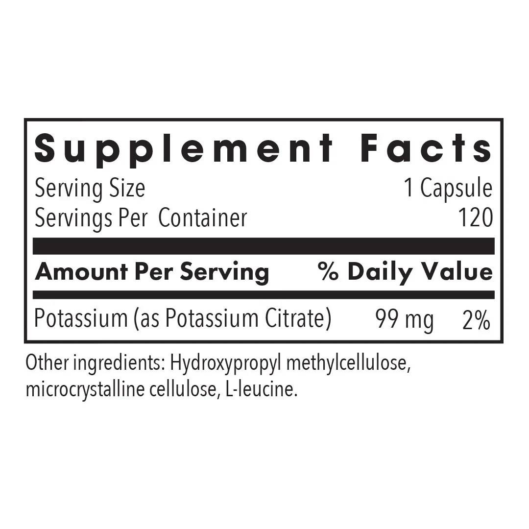 Potassium Citrate supplement facts, 99 mg potassium per capsule